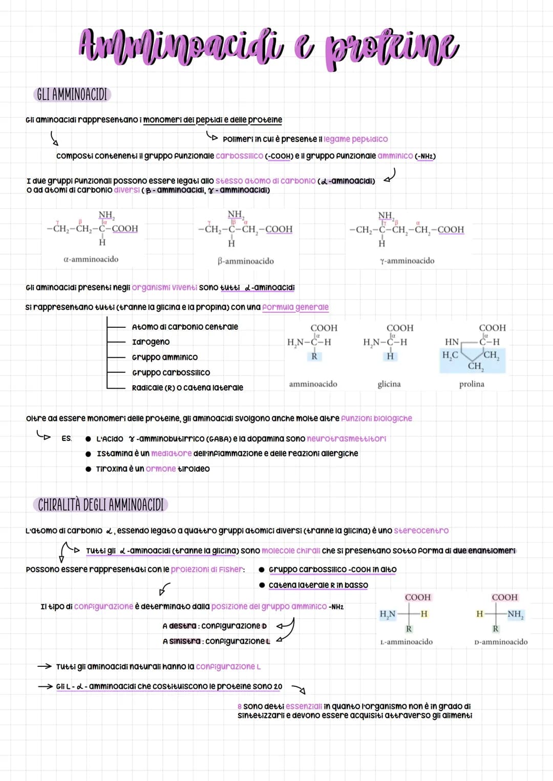 Amminoacidi e proteine
GLI AMMINOACIDI
Gli aminoacidi rappresentano i monomeri dei peptidi e delle proteine
Polimeri in cui è presente il le