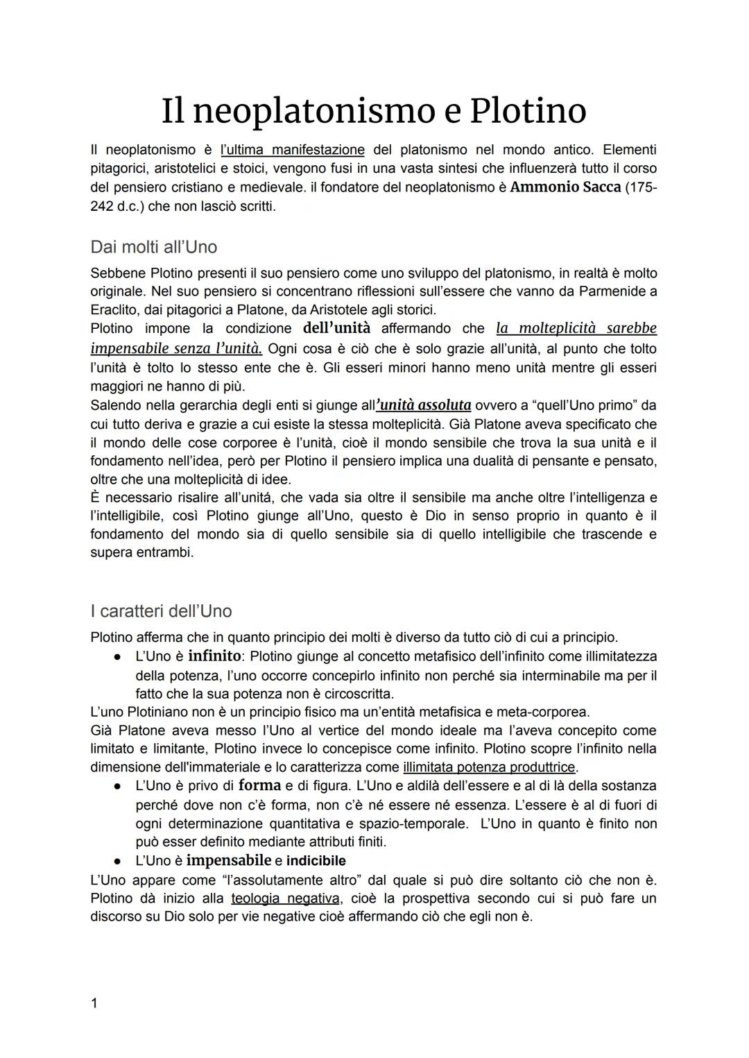 Il neoplatonismo e Plotino
Il neoplatonismo è l'ultima manifestazione del platonismo nel mondo antico. Elementi
pitagorici, aristotelici e s