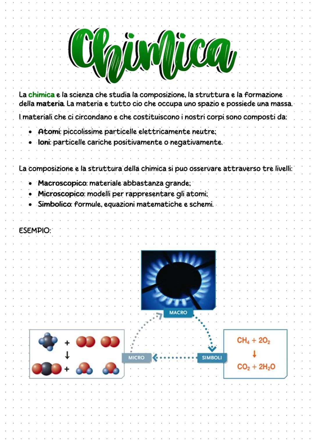 Chimica
La chimica e la scienza che studia la composizione, la struttura e la formazione
della materia. La materia e tutto cio che occupa un