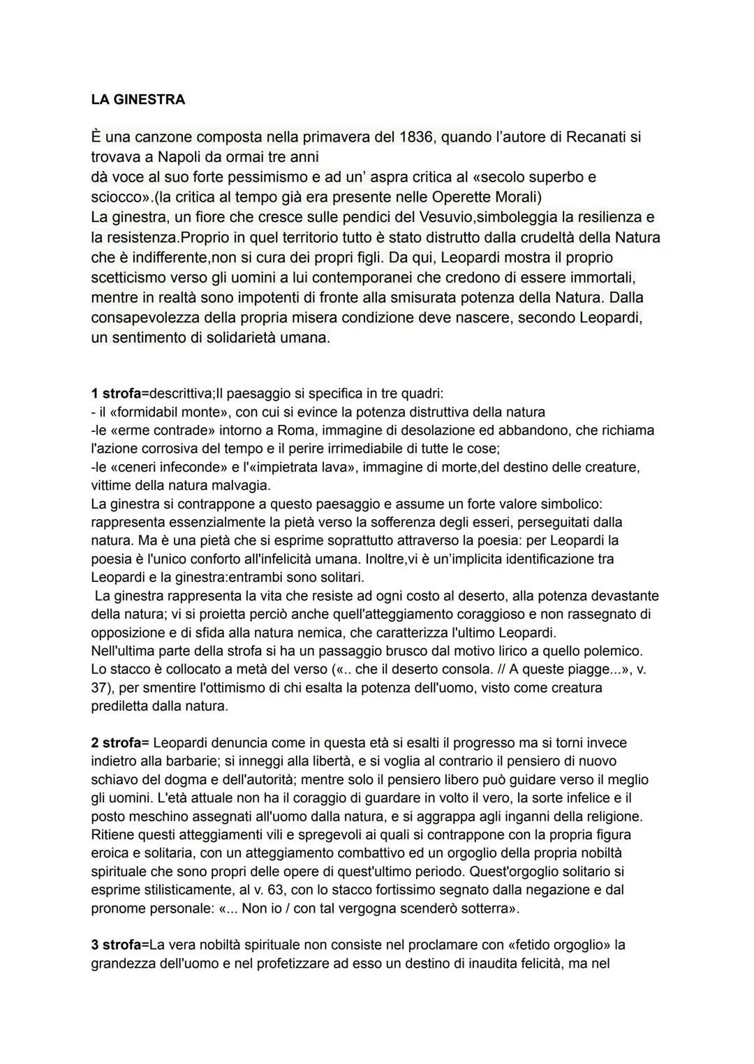 LA GINESTRA
È una canzone composta nella primavera del 1836, quando l'autore di Recanati si
trovava a Napoli da ormai tre anni
dà voce al su