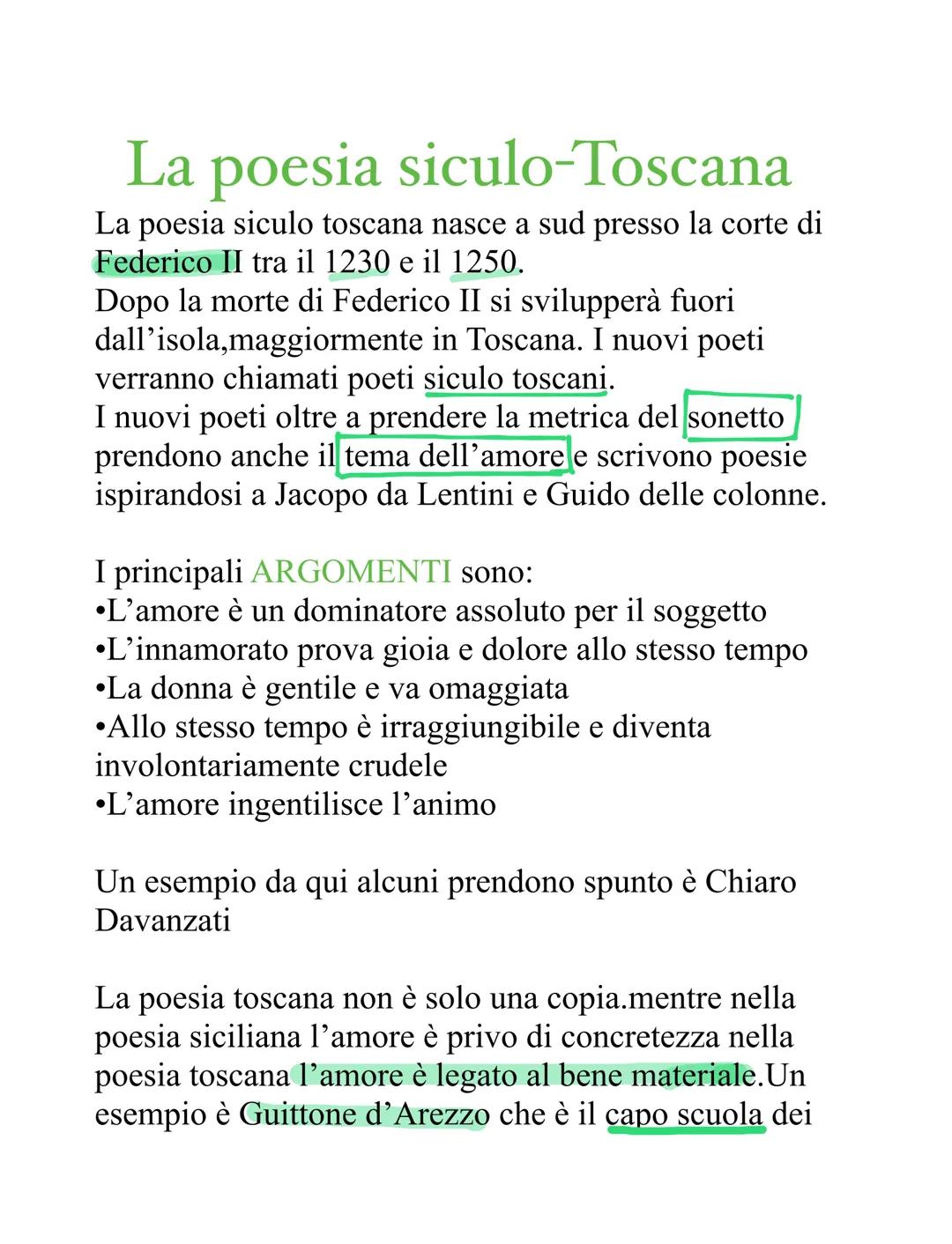 La poesia siculo-Toscana
La poesia siculo toscana nasce a sud presso la corte di
Federico II tra il 1230 e il 1250.
Dopo la morte di Federic