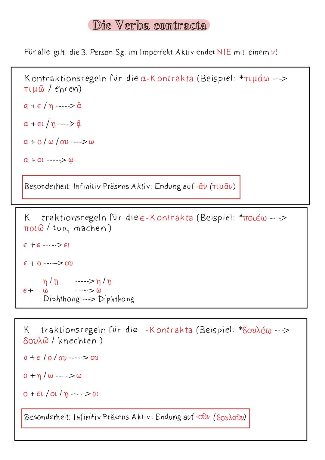 # Die Verba contracta

Für alle gilt: die 3. Person Sg. im Imperfekt Aktiv endet NIE mit einem v!

Kontraktionsregeln für die a-Kontrakta (B