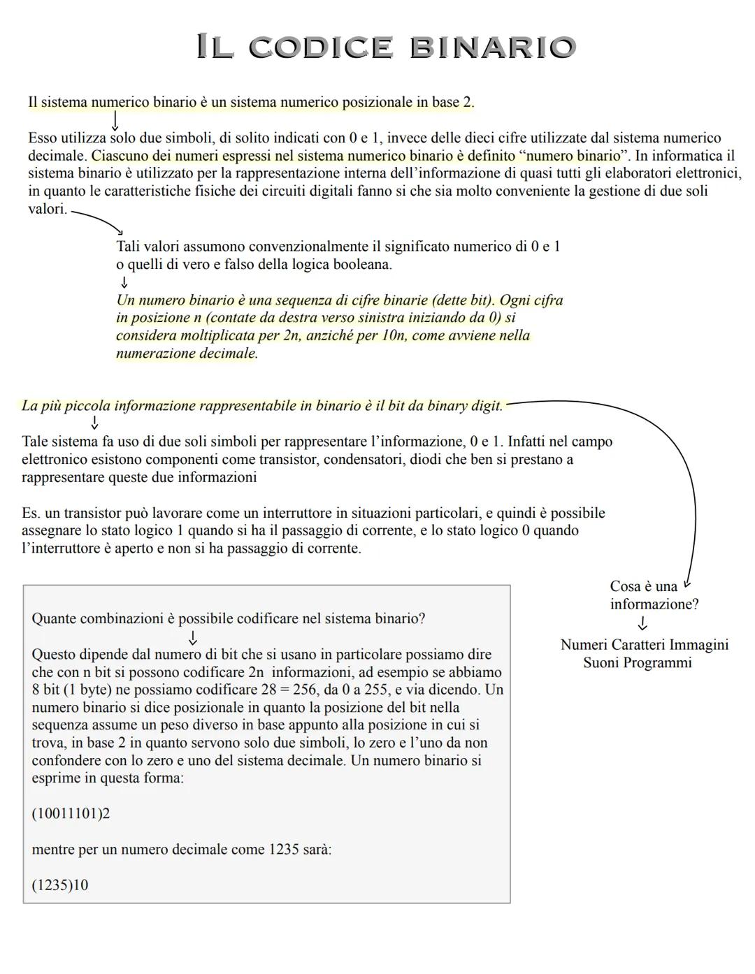 IL CODICE BINARIO
Il sistema numerico binario è un sistema numerico posizionale in base 2.
↓
Esso utilizza solo due simboli, di solito indic