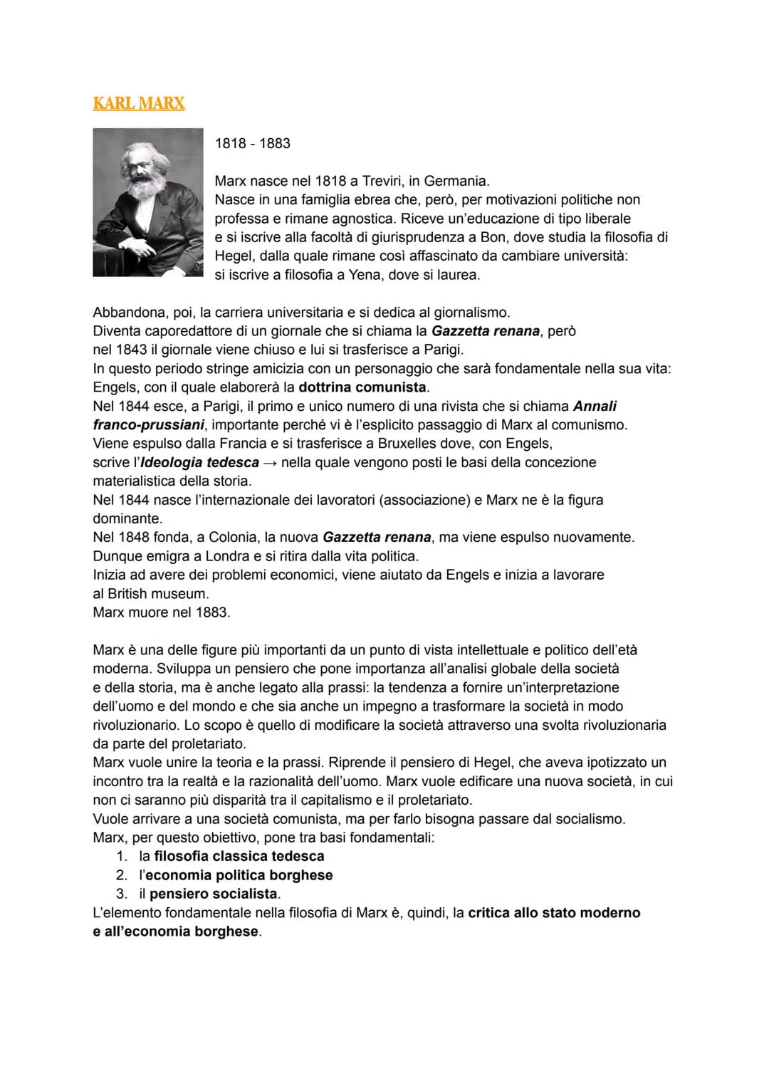 KARL MARX
1818-1883
Marx nasce nel 1818 a Treviri, in Germania.
Nasce in una famiglia ebrea che, però, per motivazioni politiche non
profess