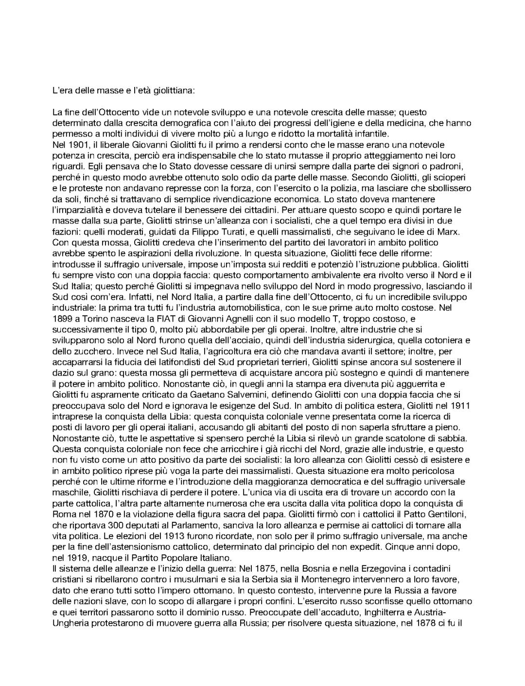 L'età giolittiana e la Prima Guerra Mondiale: riassunto e analisi