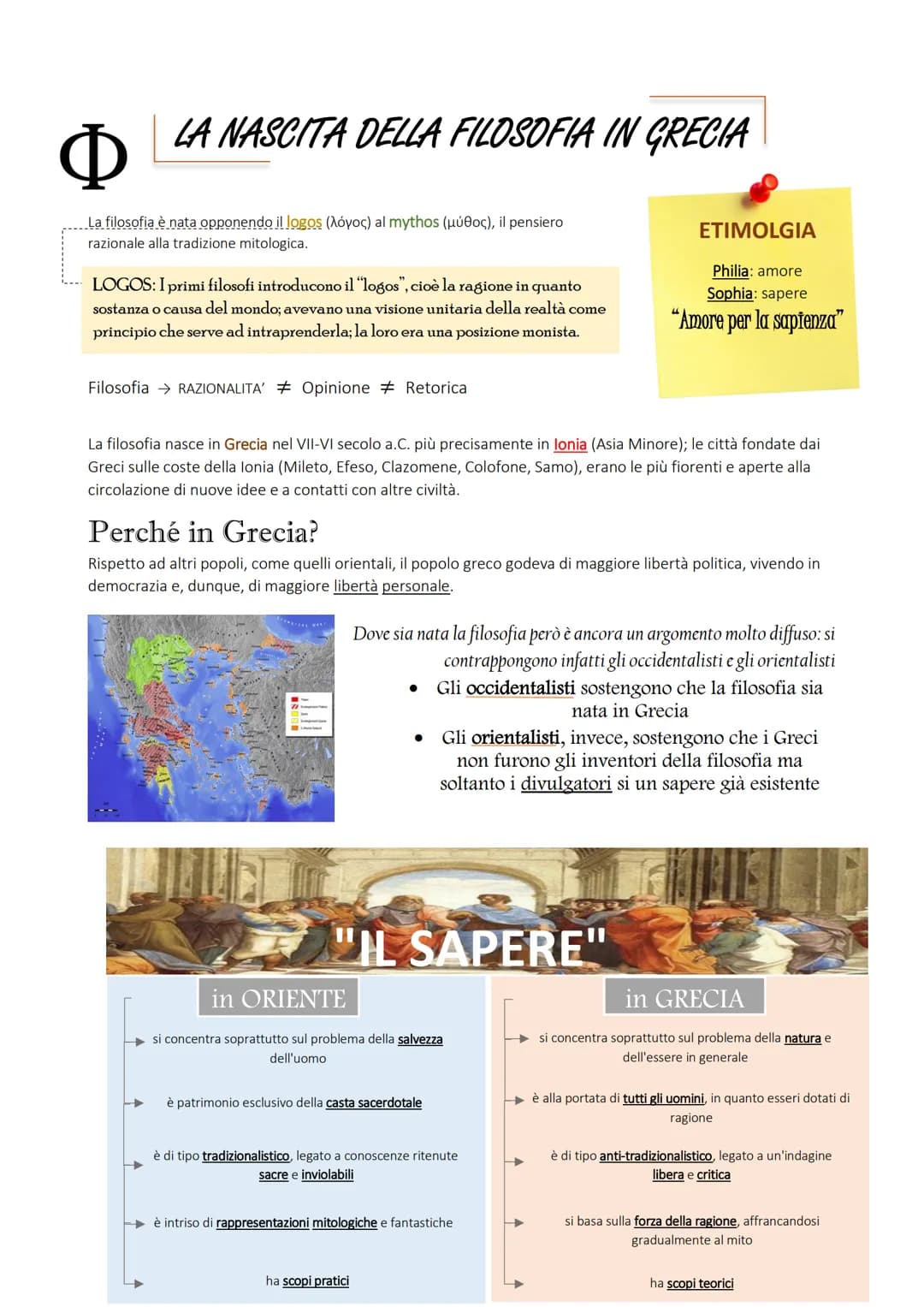 LA NASCITA DELLA FILOSOFIA IN GRECIA
Φ
La filosofia è nata opponendo il logos (λóyoc) al mythos (μúeoc), il pensiero
razionale alla tradizio