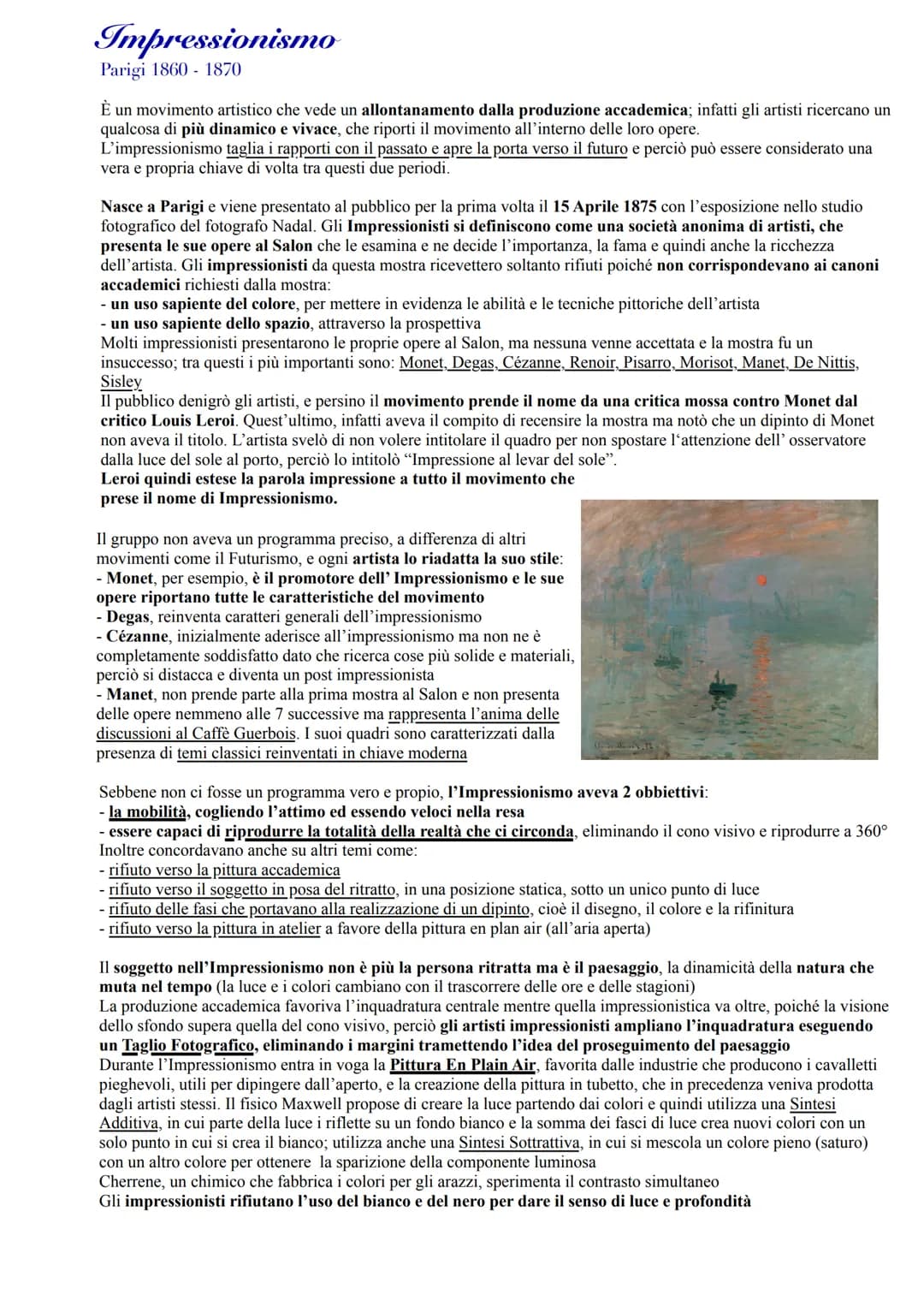 Impressionismo
Parigi 1860 1870
È un movimento artistico che vede un allontanamento dalla produzione accademica; infatti gli artisti ricerca