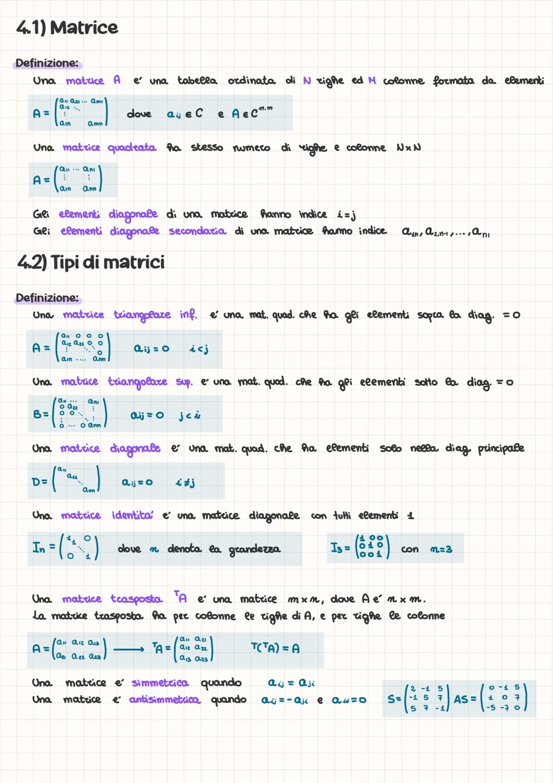 4.1) Matrice
Definizione:
Una matrice A e una tabella ordinata di N eighe ed M colonne formata da elementi
A=
a azı amı
Qiz ....
ain
dove
aj
