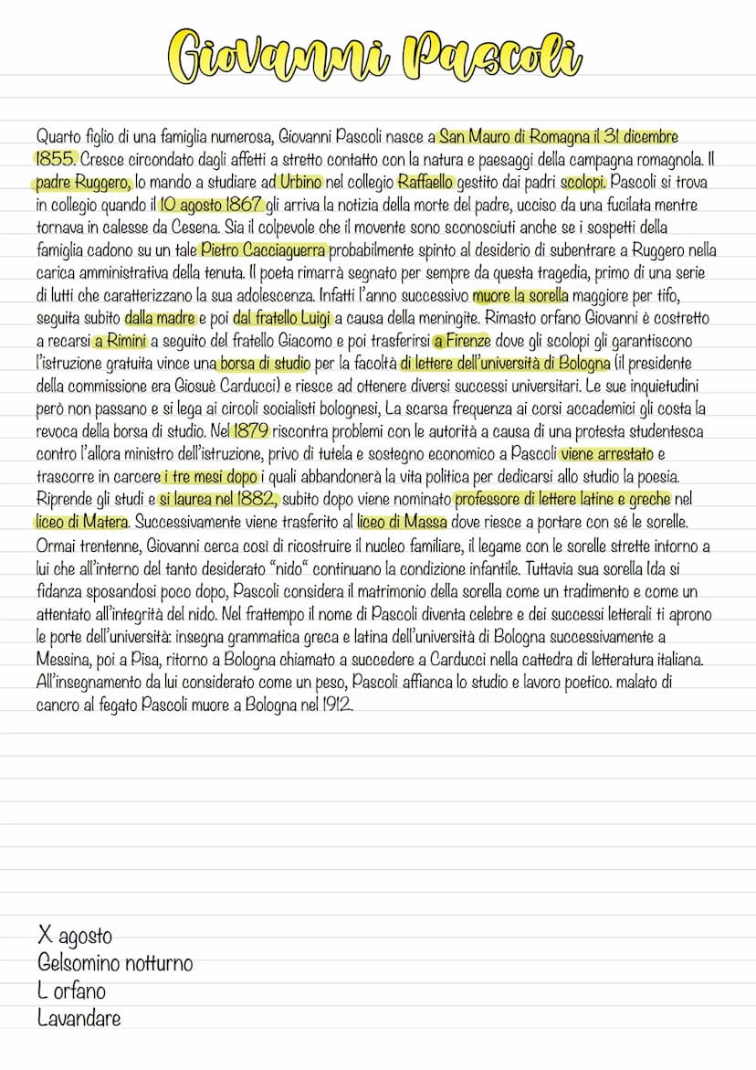 Myricae
È la prima raccolta poetica di Pascoli, è di fondamentale importanza per la storia della
lirica italiana per:
Aspetti linguistico fo