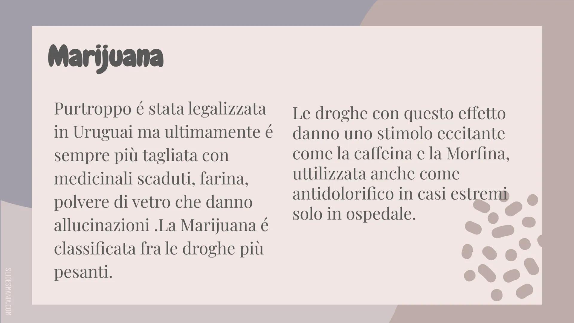 SLIDESMANIA.COM
LA DROGA
Donia Abd Alla 3^A SLIDESMANIA.COM
un sostanza per essere definita come Droga deve
possedere uno o più sintomi come