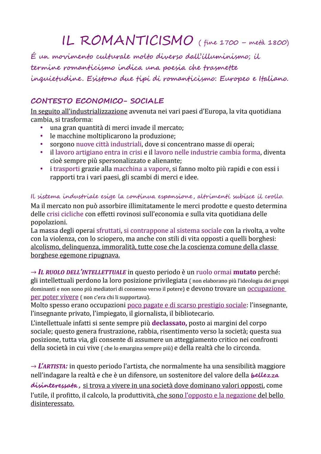É un movimento culturale molto diverso dall'illuminismo; il
termine romanticismo indica una poesia che trasmette
inquietudine. Esistono due 