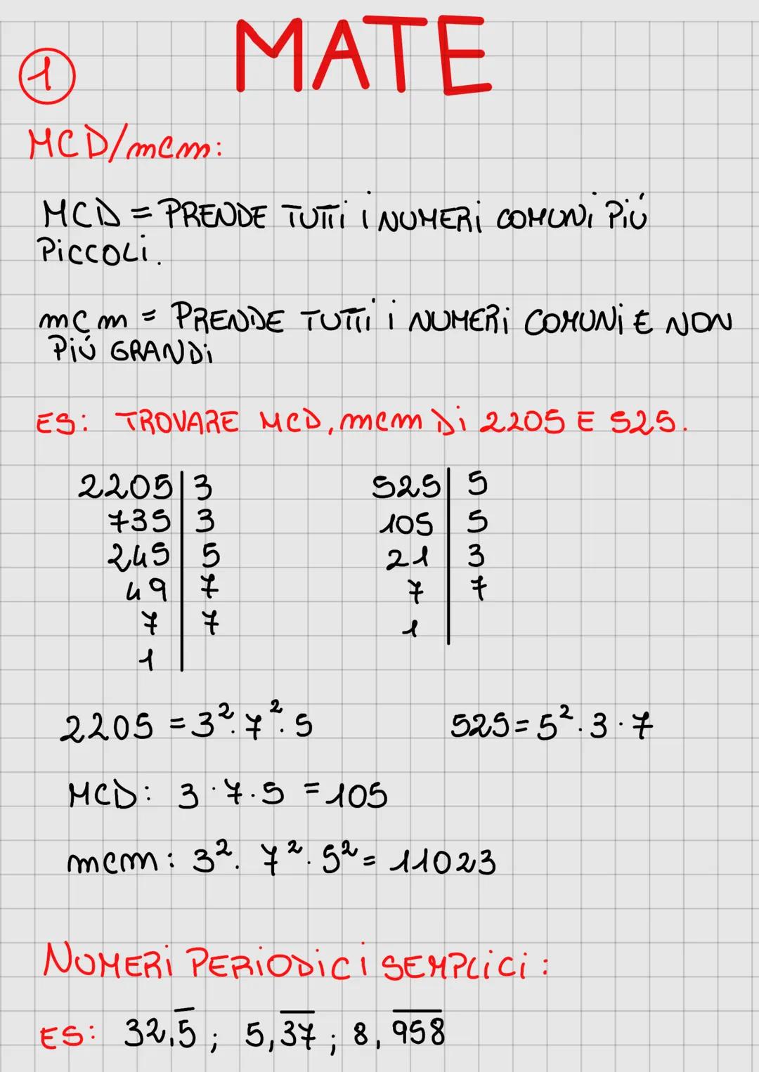 4
MATE
MCD/mcm:
MCD = PRENDE TUTTI I NUMERI COMUNI Più
Piccoli.
mcm = PRENDE TUTTI I NUMERI COMUNI E NON
Piú GRANDI
ES: TROVARE MCD, mem Di 