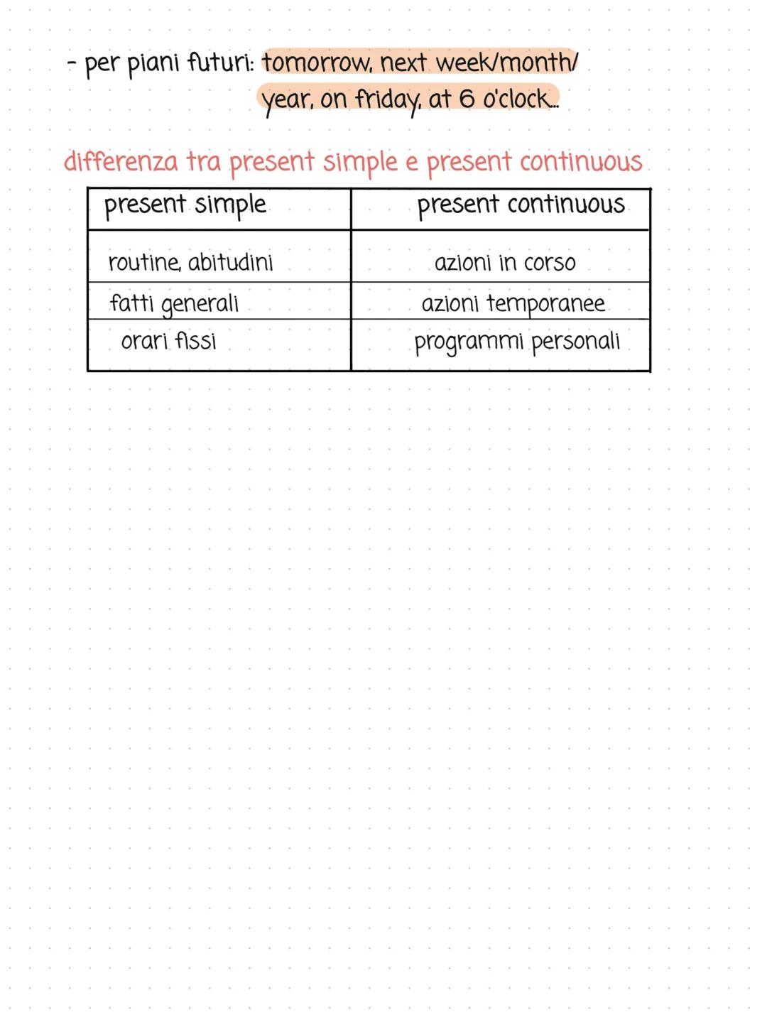 present continuous
si usa per:
1. azioni in corso nel momento in cui si parla.
es. I am studying english right now.
2. azioni temporanee
es.