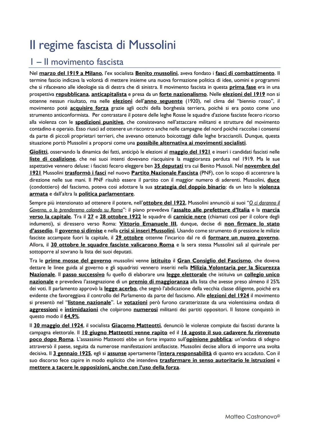 Il regime fascista di Mussolini
I - II movimento fascista
Nel marzo del 1919 a Milano, l'ex socialista Benito mussolini, aveva fondato i fas