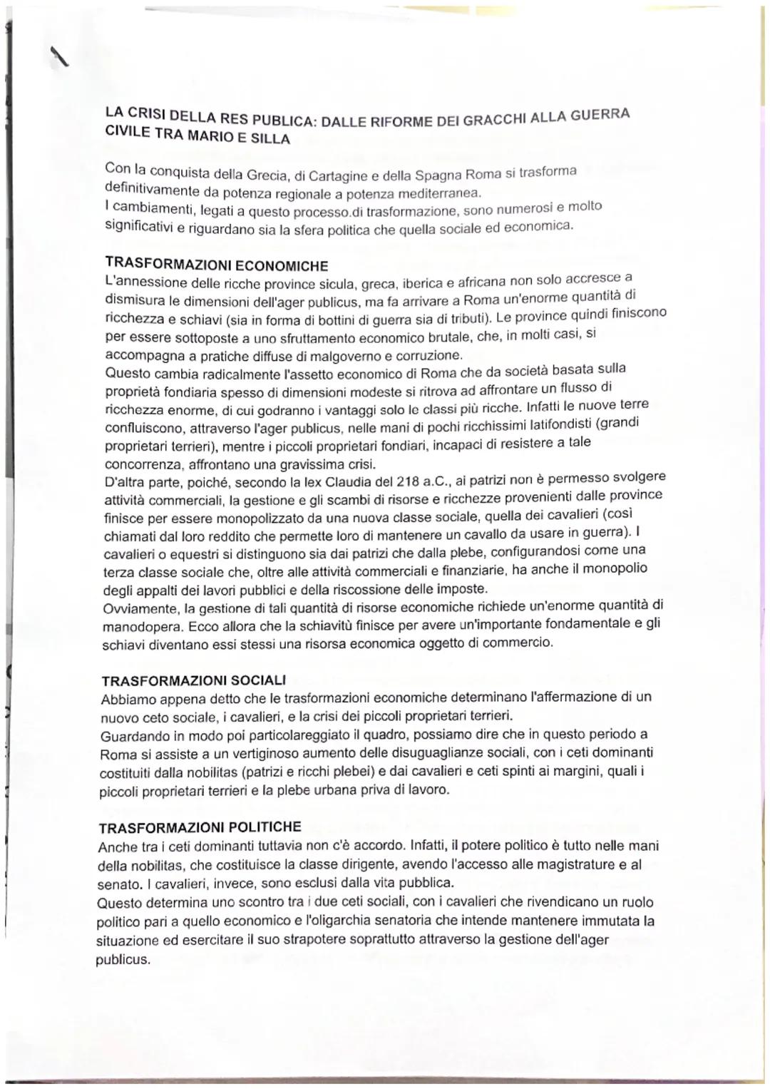 LA CRISI DELLA RES PUBLICA: DALLE RIFORME DEI GRACCHI ALLA GUERRA
CIVILE TRA MARIO E SILLA
Con la conquista della Grecia, di Cartagine e del