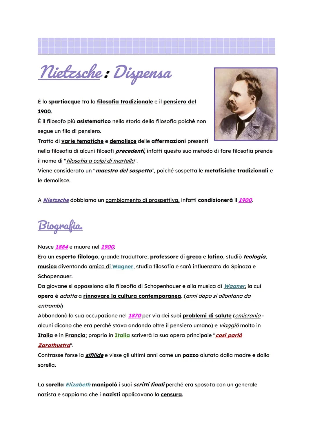 
<h2 id="introduzione">Introduzione</h2>
<p>Friedrich Nietzsche è considerato uno spartiacque tra la filosofia tradizionale e il pensiero de