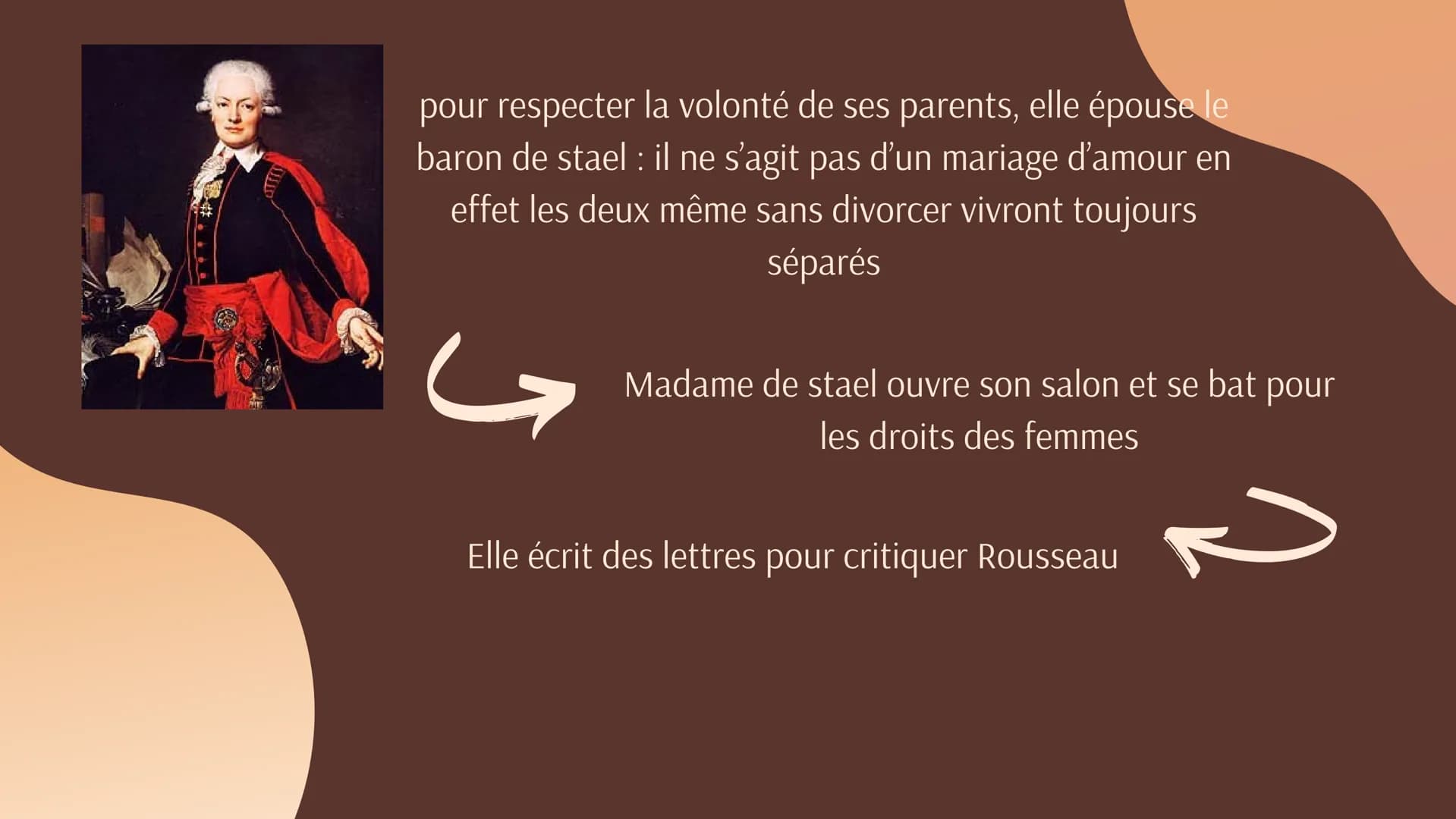 
<p>Madame de Staël, de son vrai nom Germaine Necker, est née en Suisse au XVIIIe siècle dans une famille riche. Elle a bénéficié d'une éduc