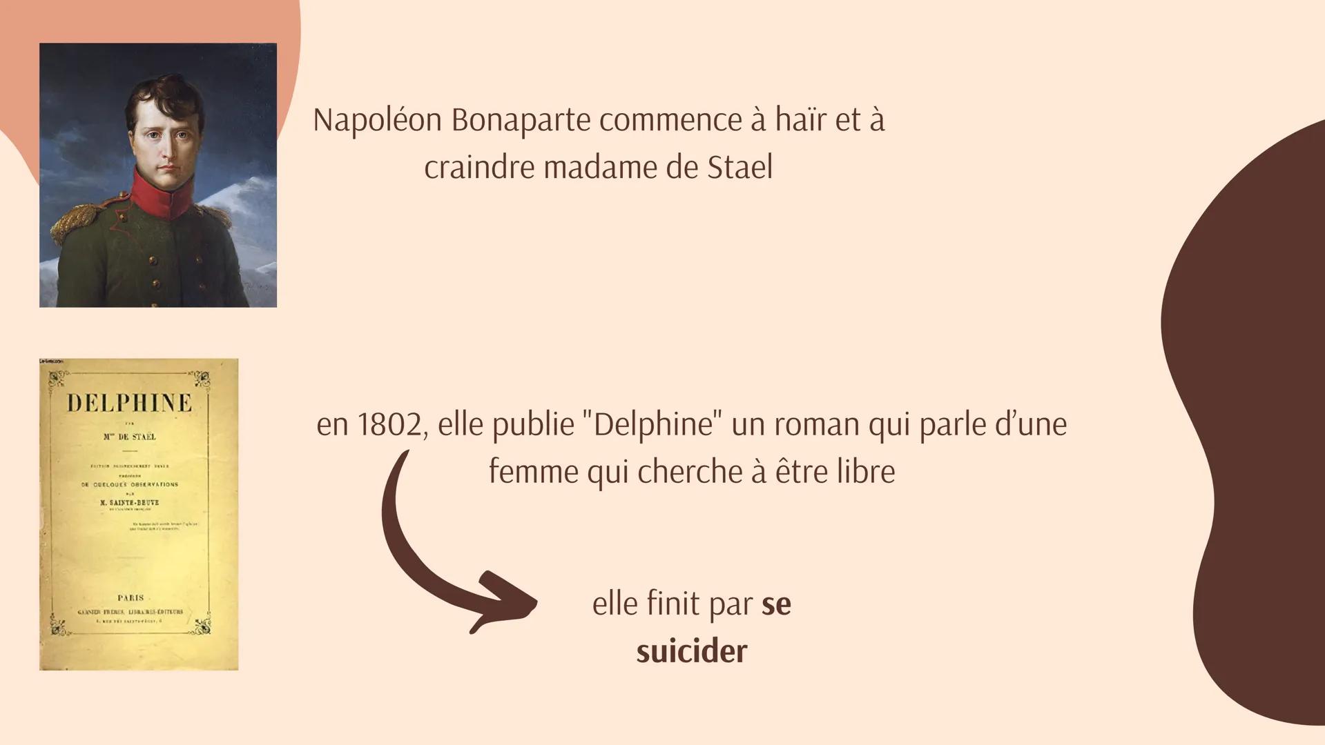 
<p>Madame de Staël, de son vrai nom Germaine Necker, est née en Suisse au XVIIIe siècle dans une famille riche. Elle a bénéficié d'une éduc