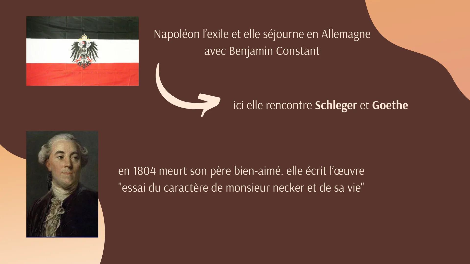 
<p>Madame de Staël, de son vrai nom Germaine Necker, est née en Suisse au XVIIIe siècle dans une famille riche. Elle a bénéficié d'une éduc