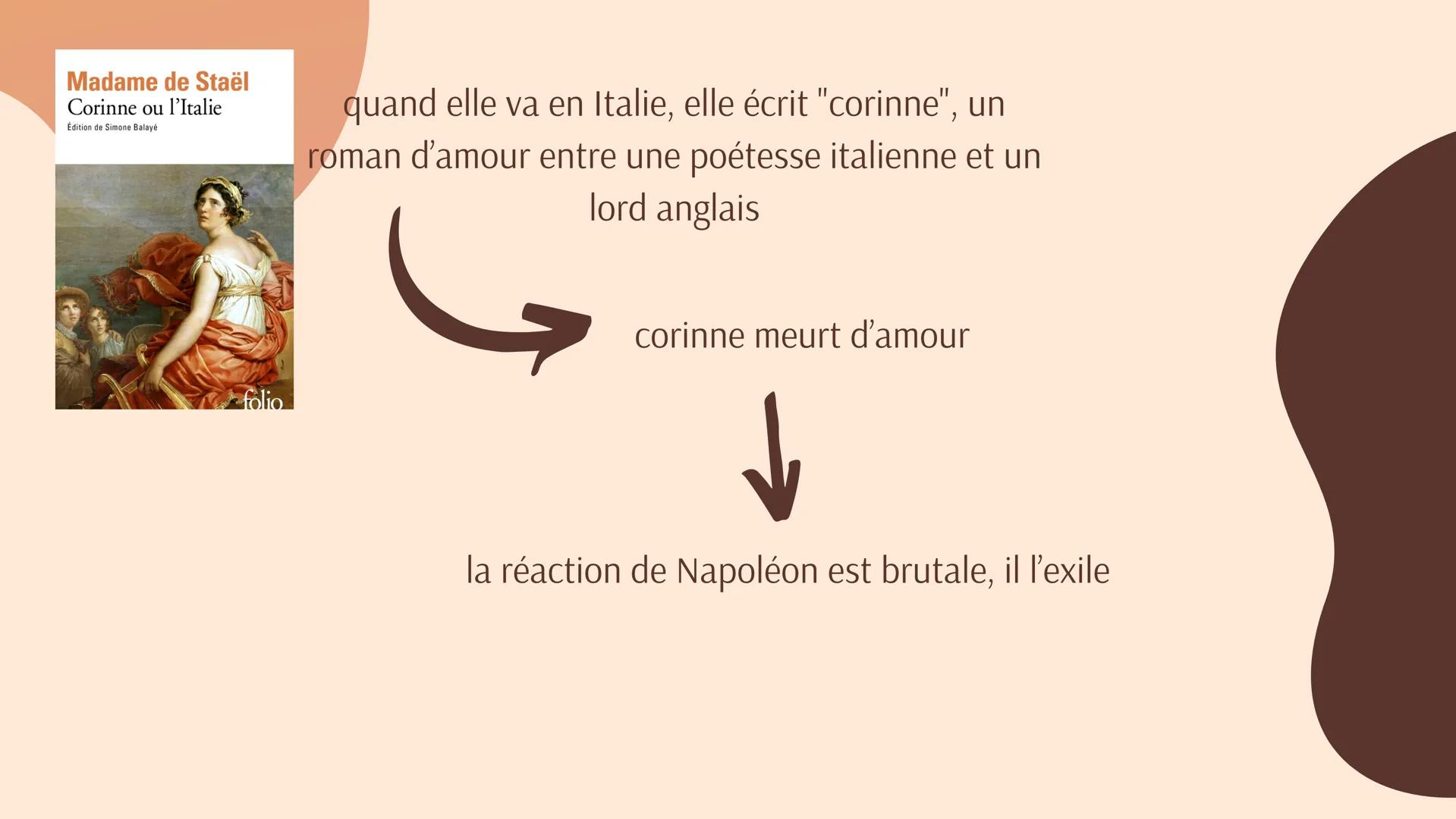 
<p>Madame de Staël, de son vrai nom Germaine Necker, est née en Suisse au XVIIIe siècle dans une famille riche. Elle a bénéficié d'une éduc