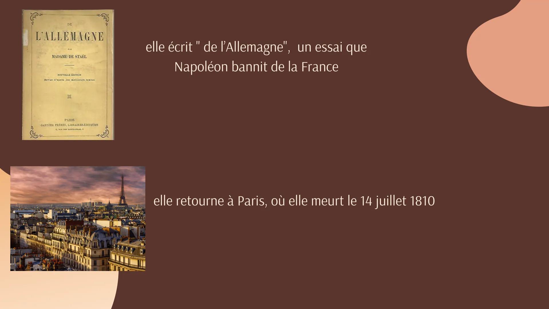 
<p>Madame de Staël, de son vrai nom Germaine Necker, est née en Suisse au XVIIIe siècle dans une famille riche. Elle a bénéficié d'une éduc