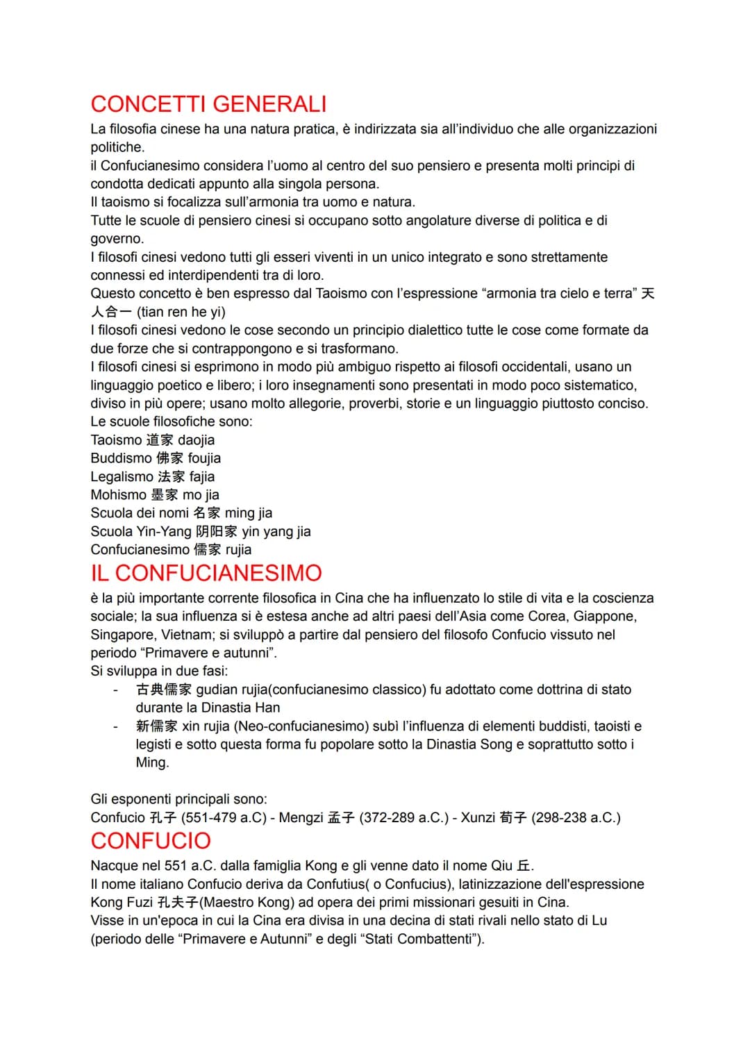 
<p>La filosofia cinese ha una natura pratica e si indirizza sia all'individuo che alle organizzazioni politiche. Il Confucianesimo consider