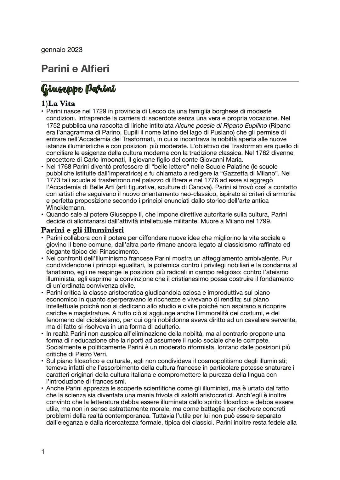 gennaio 2023

Parini e Alfieri

**Giuseppe Parini**

1)La Vita
*   Parini nasce nel 1729 in provincia di Lecco da una famiglia borghese di m