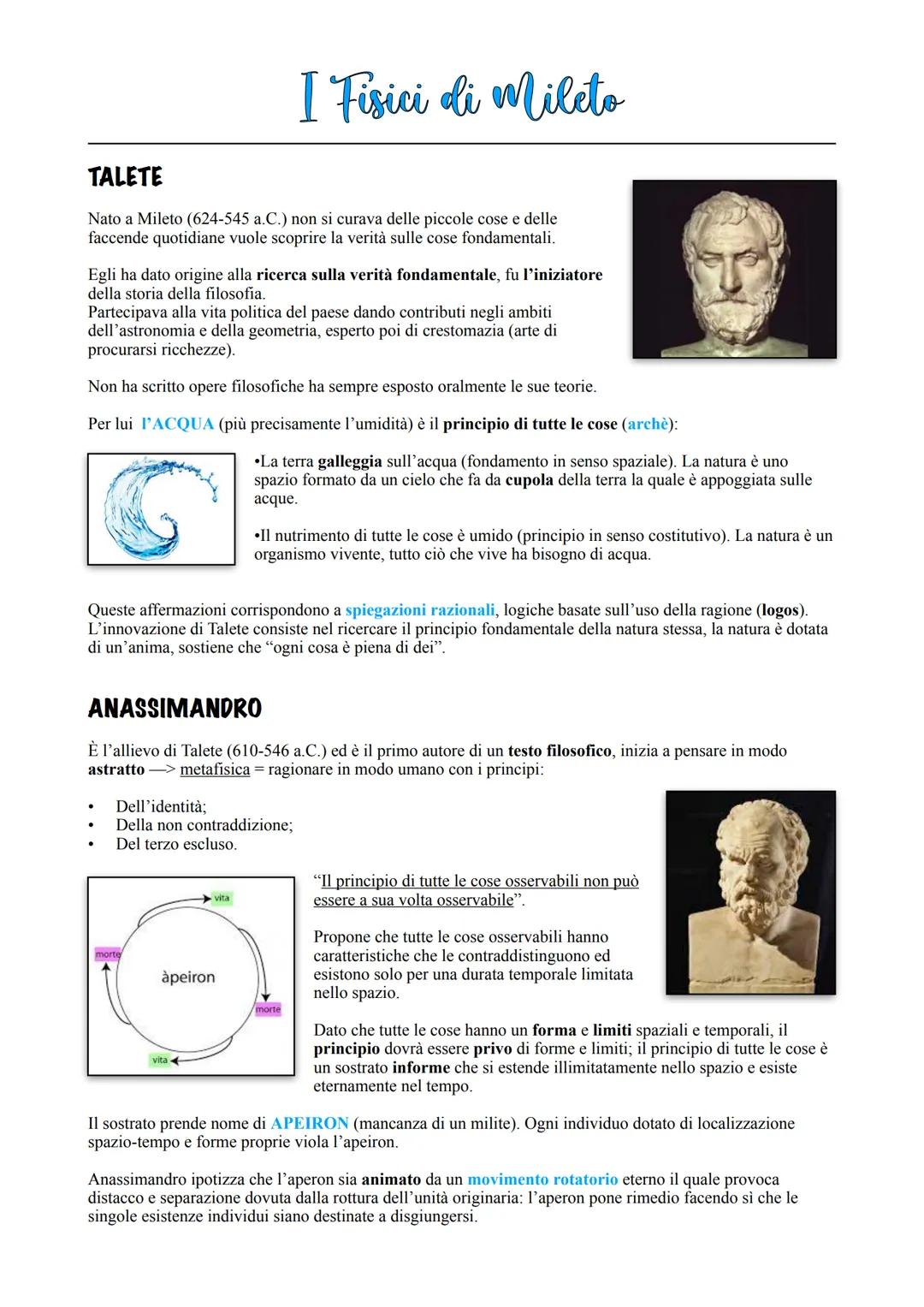I Fisici di Mileto
TALETE
Nato a Mileto (624-545 a.C.) non si curava delle piccole cose e delle
faccende quotidiane vuole scoprire la verità