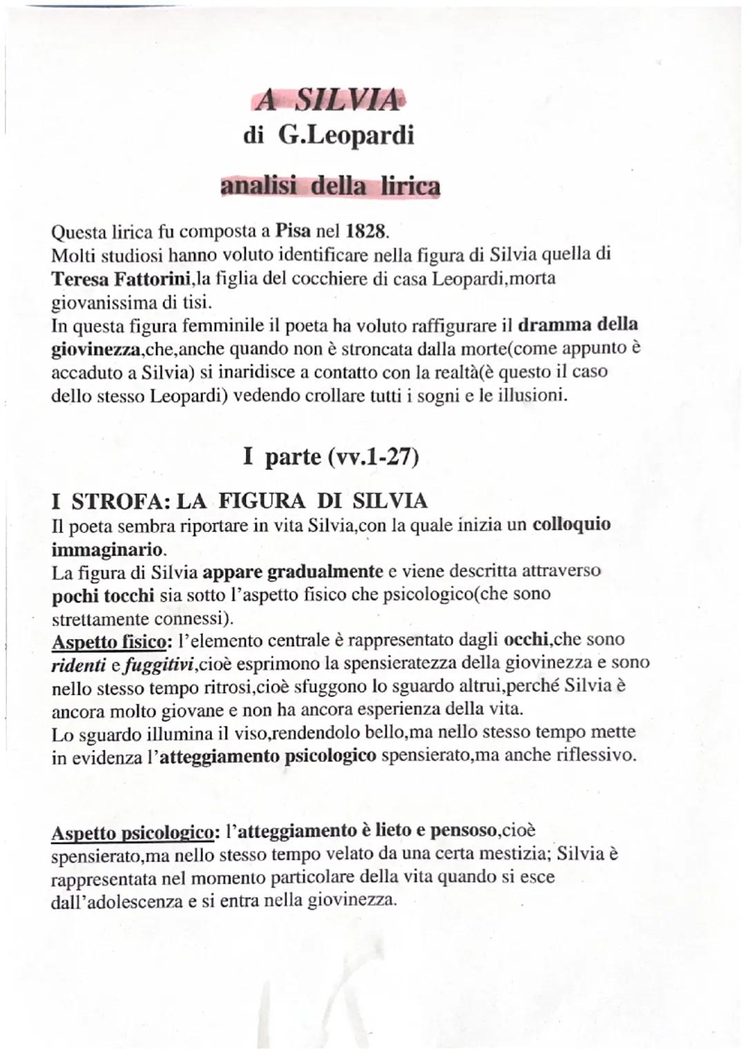 A SILVIA
di G.Leopardi
analisi della lirica
Questa lirica fu composta a Pisa nel 1828.
Molti studiosi hanno voluto identificare nella figura