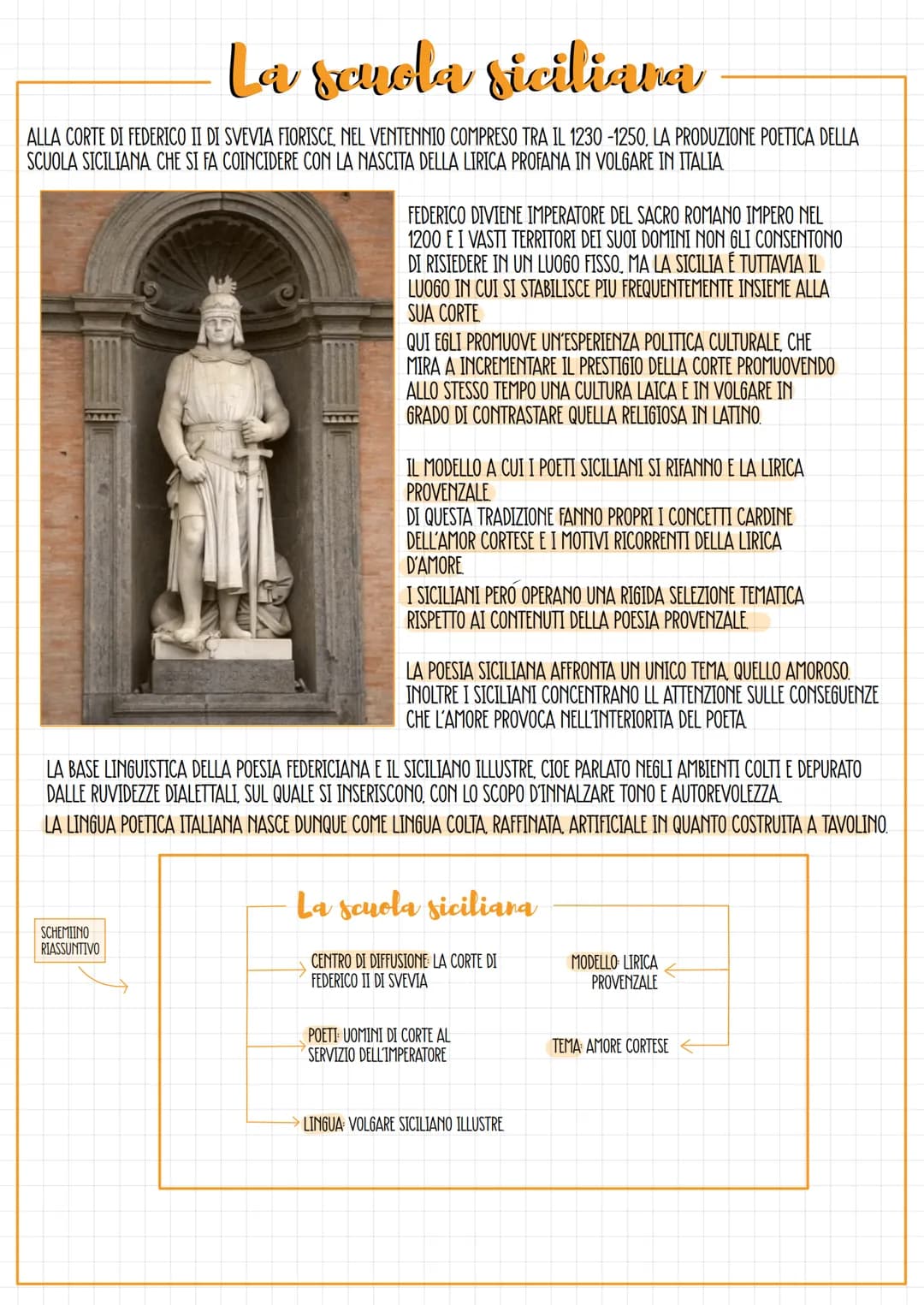 La scuola siciliana
ALLA CORTE DI FEDERICO II DI SVEVIA FIORISCE, NEL VENTENNIO COMPRESO TRA IL 1230 -1250, LA PRODUZIONE POETICA DELLA
SCUO