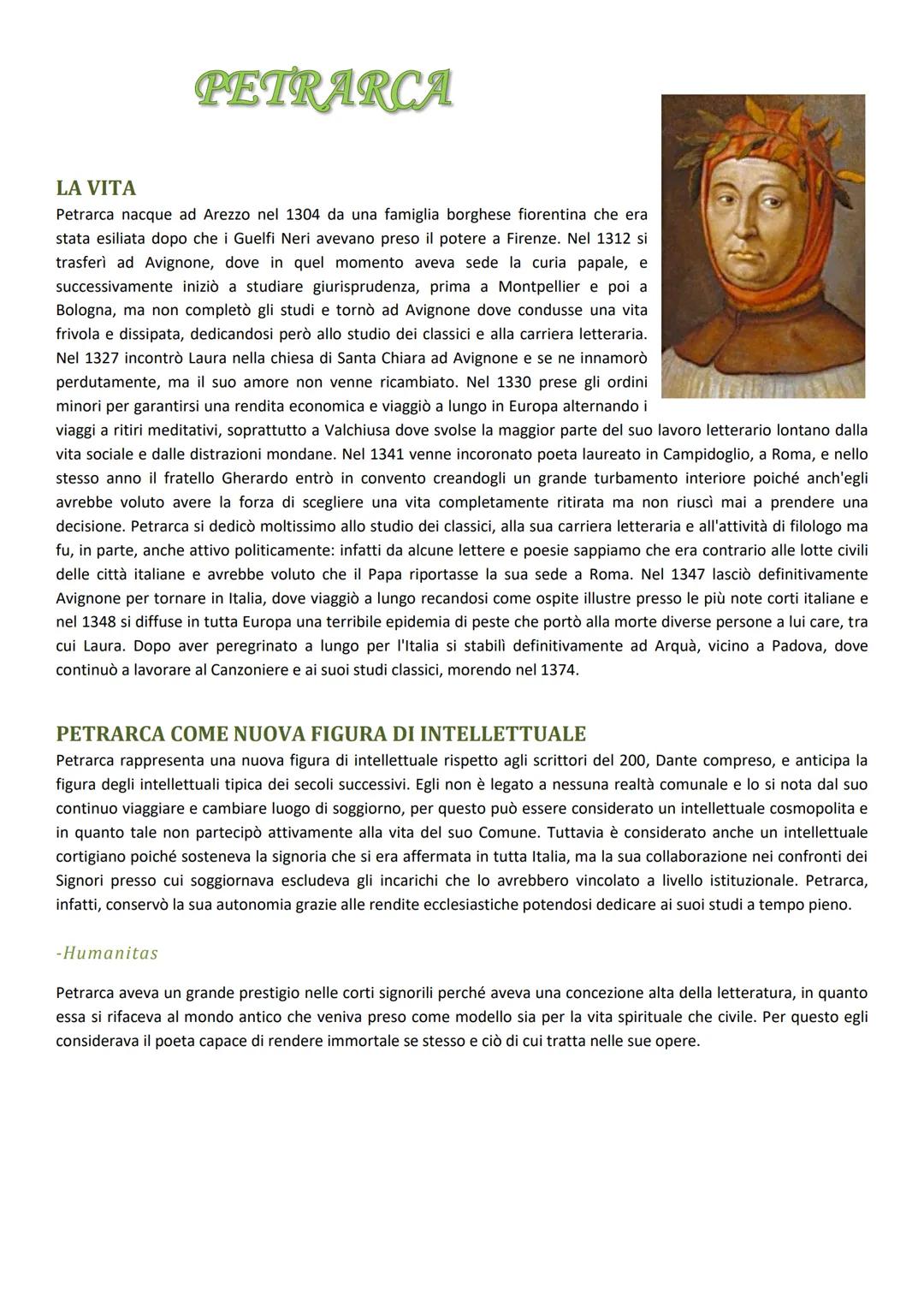 # PETRARCA

LA VITA

Petrarca nacque ad Arezzo nel 1304 da una famiglia borghese fiorentina che era
stata esiliata dopo che i Guelfi Neri av