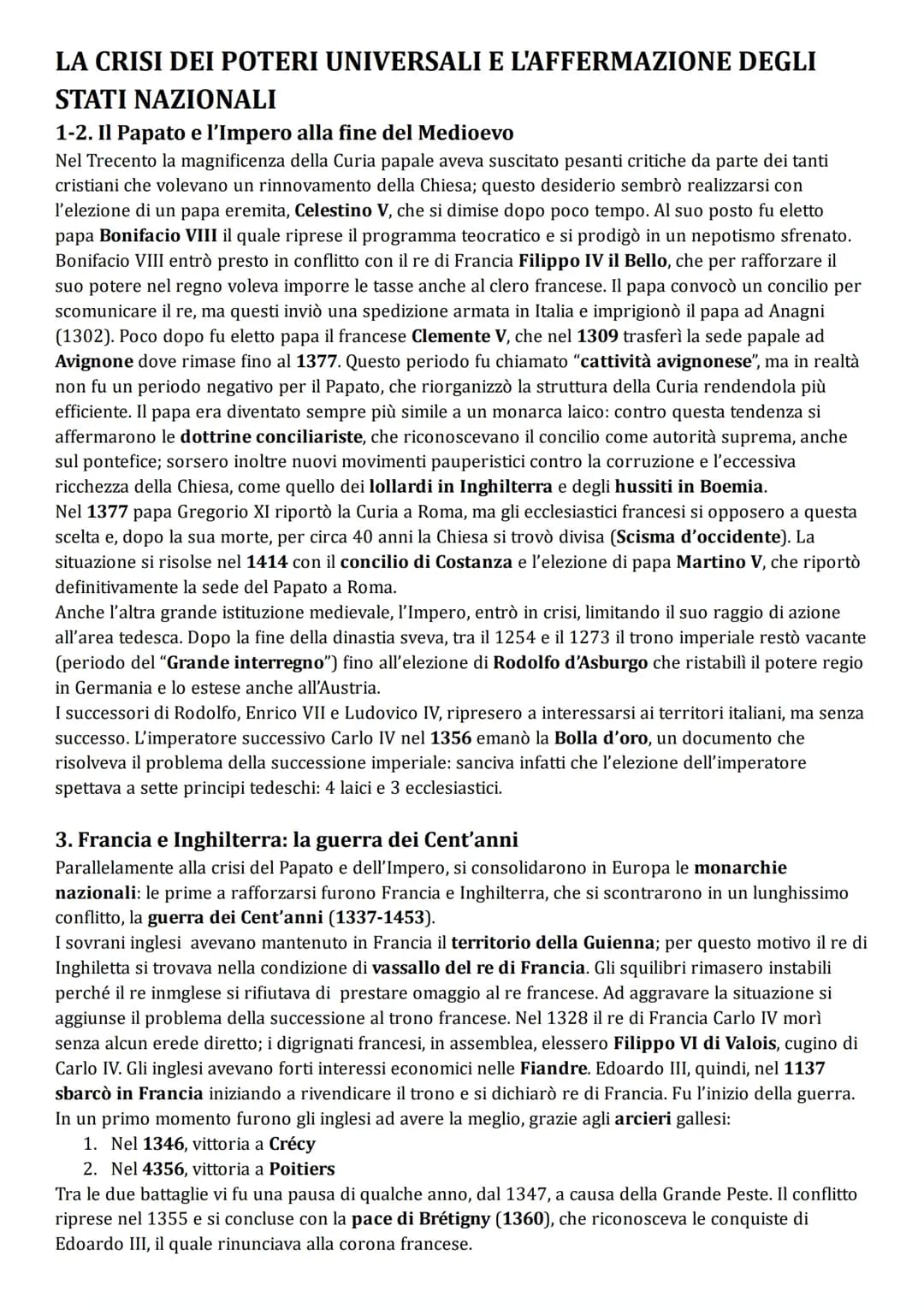 La crisi dei poteri universali e l'affermazioni degli Stati Nazionali