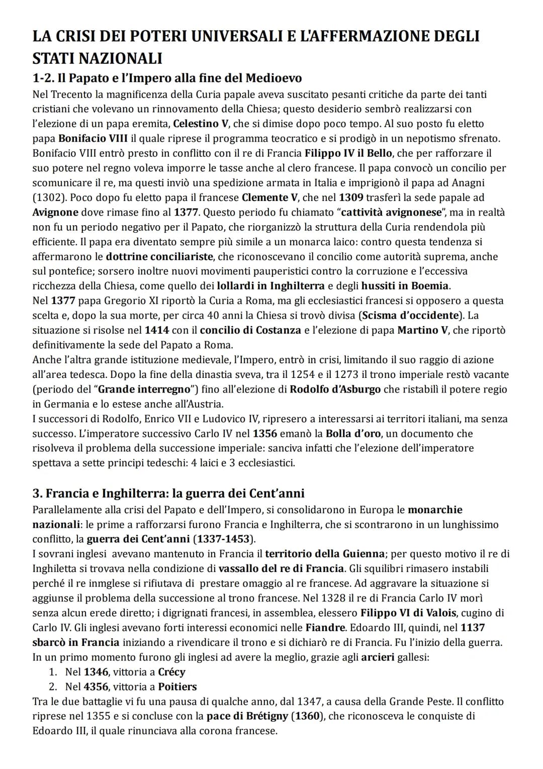 LA CRISI DEI POTERI UNIVERSALI E L'AFFERMAZIONE DEGLI
STATI NAZIONALI
1-2. Il Papato e l'Impero alla fine del Medioevo
Nel Trecento la magni