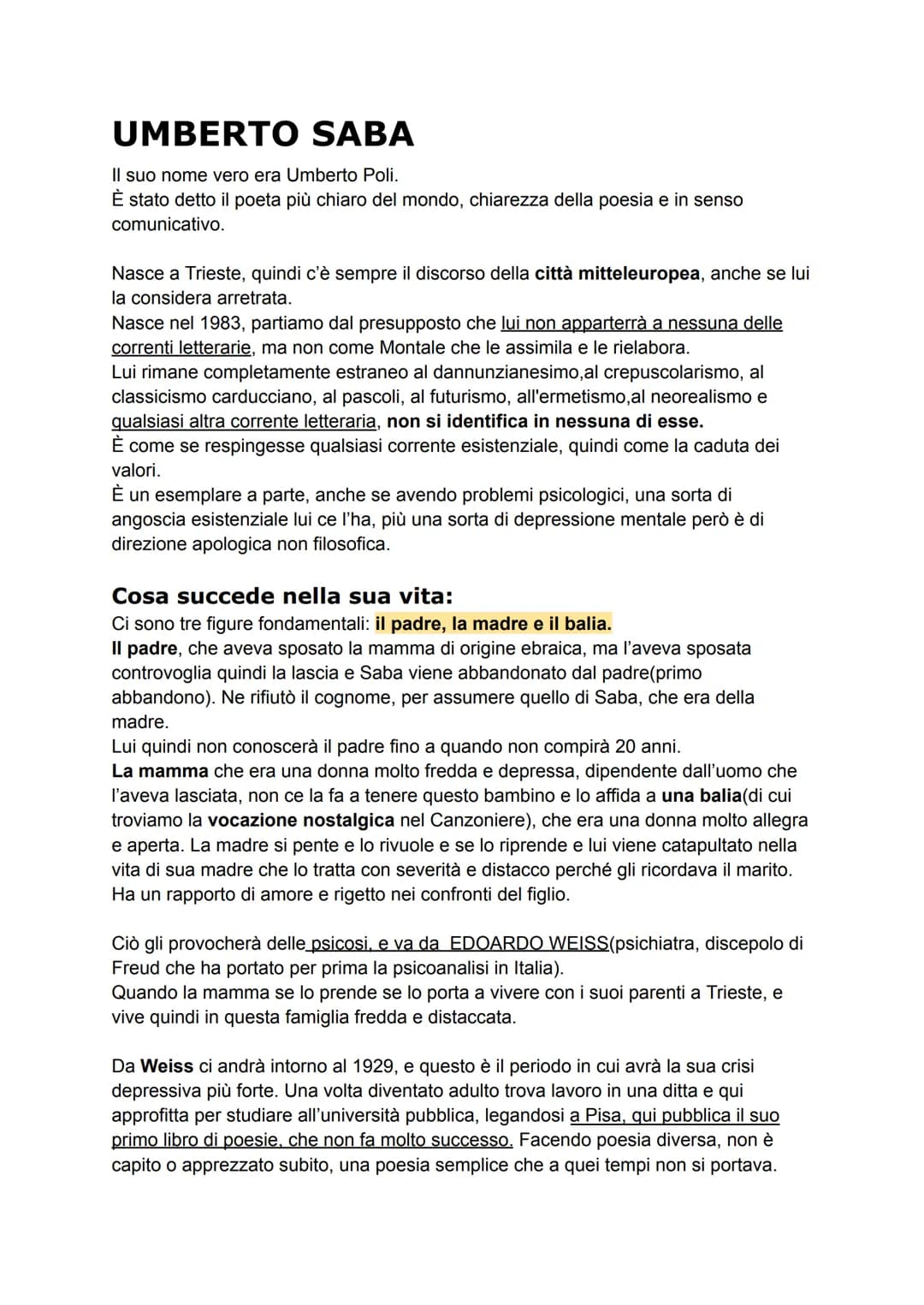 UMBERTO SABA
Il suo nome vero era Umberto Poli.
È stato detto il poeta più chiaro del mondo, chiarezza della poesia e in senso
comunicativo.