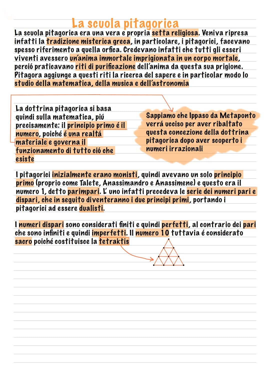 La scuola pitagorica
La scuola pitagorica era una vera e propria setta religiosa. Veniva ripresa
infatti la tradizione misterica greca, in p