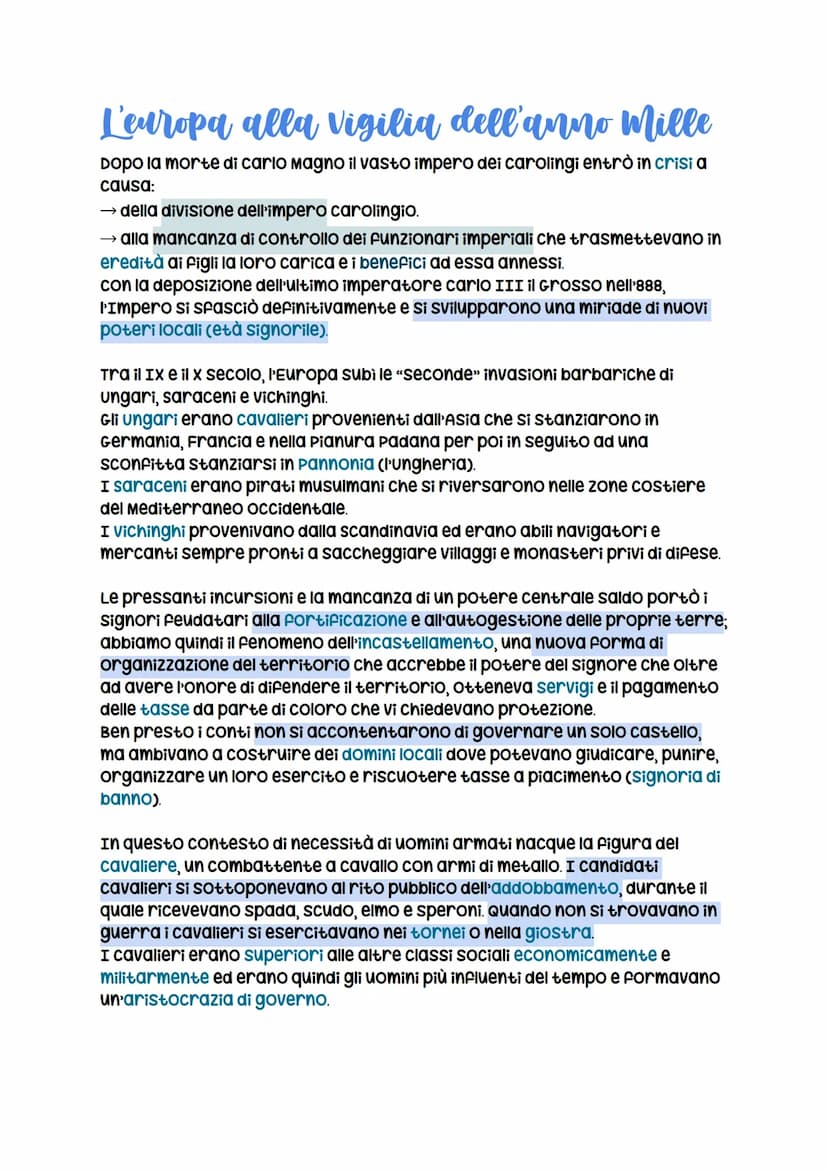 L'europa alla vigilia dell'anno Mille
Dopo la morte di carlo Magno il vasto impero dei carolingi entrò in crisi a
causa:
→ della divisione d