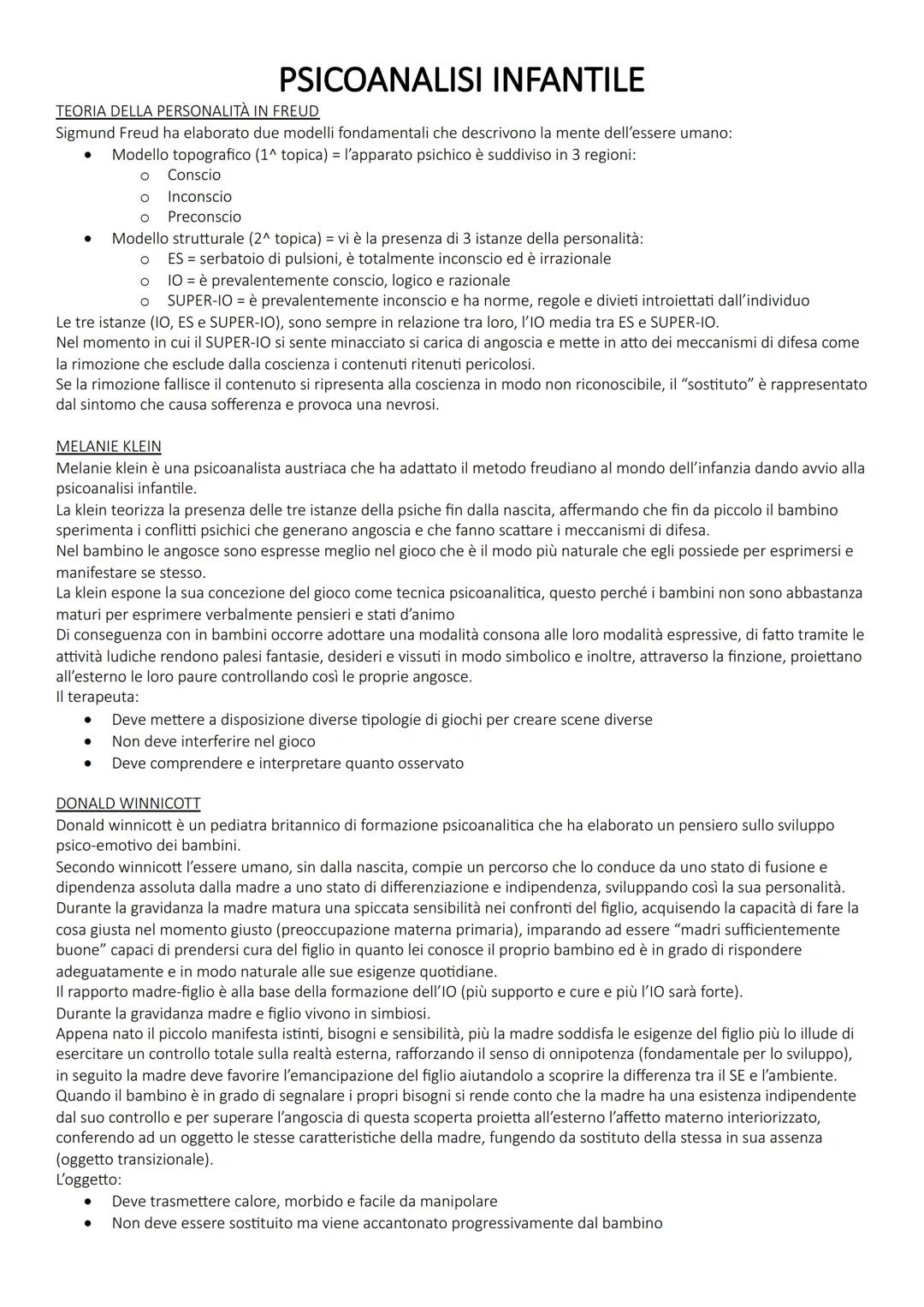 PSICOANALISI INFANTILE
TEORIA DELLA PERSONALITÀ IN FREUD
Sigmund Freud ha elaborato due modelli fondamentali che descrivono la mente dell'es