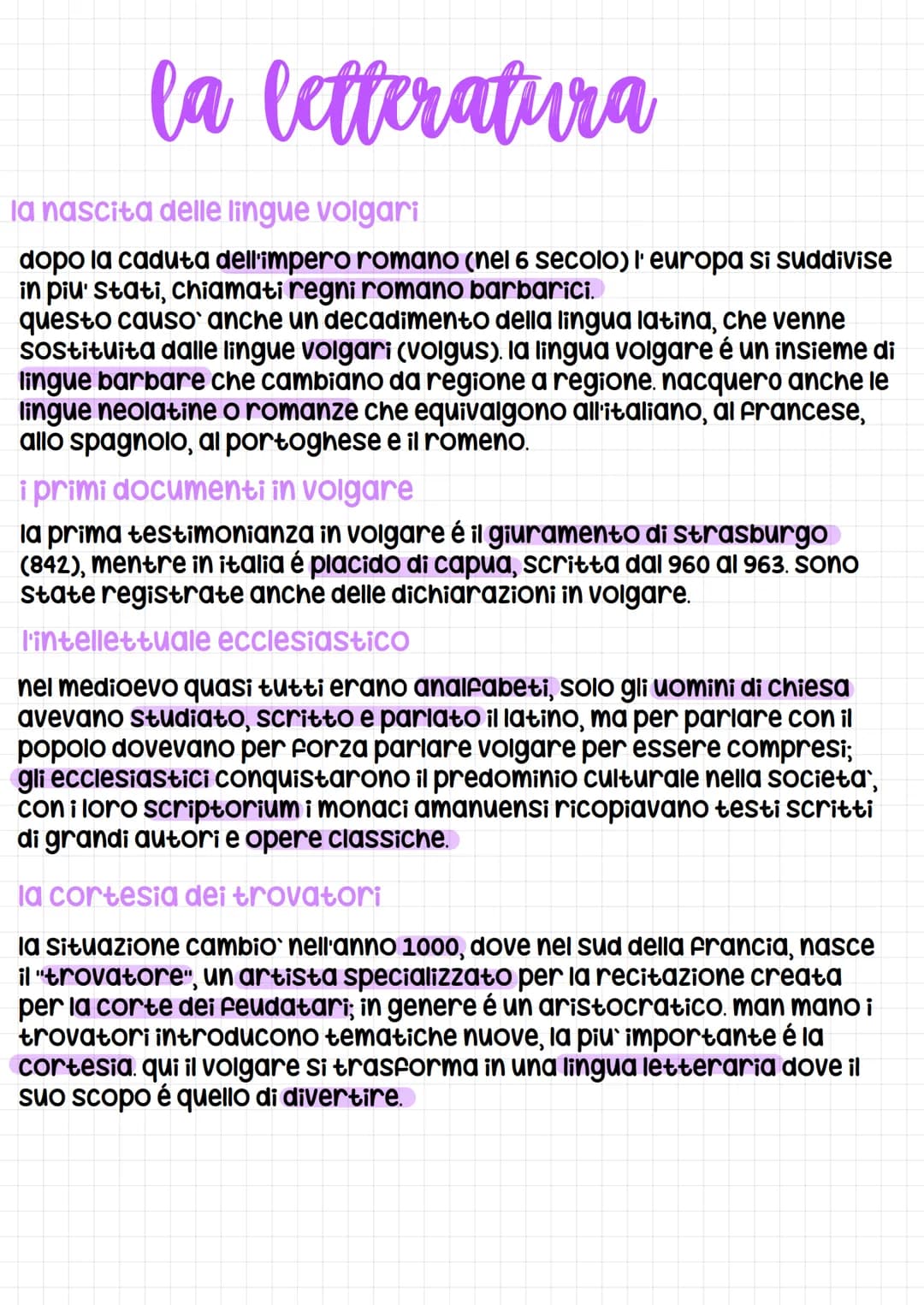 la letteratura
la nascita delle lingue volgari
dopo la caduta dell'impero romano (nel 6 secolo) l' europa si suddivise
in piu' stati, chiama