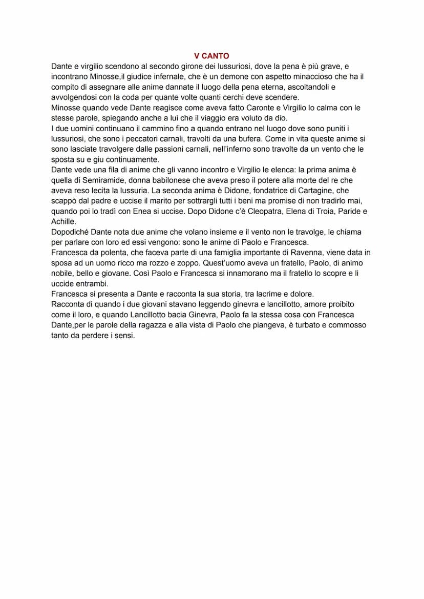 V CANTO
Dante e virgilio scendono al secondo girone dei lussuriosi, dove la pena è più grave, e
incontrano Minosse,il giudice infernale, che