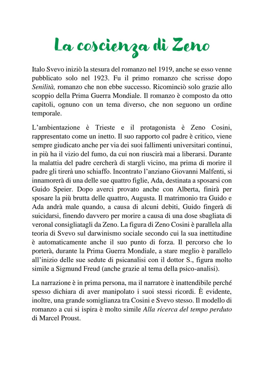 La coscienza di Zeno
Italo Svevo iniziò la stesura del romanzo nel 1919, anche se esso venne
pubblicato solo nel 1923. Fu il primo romanzo c