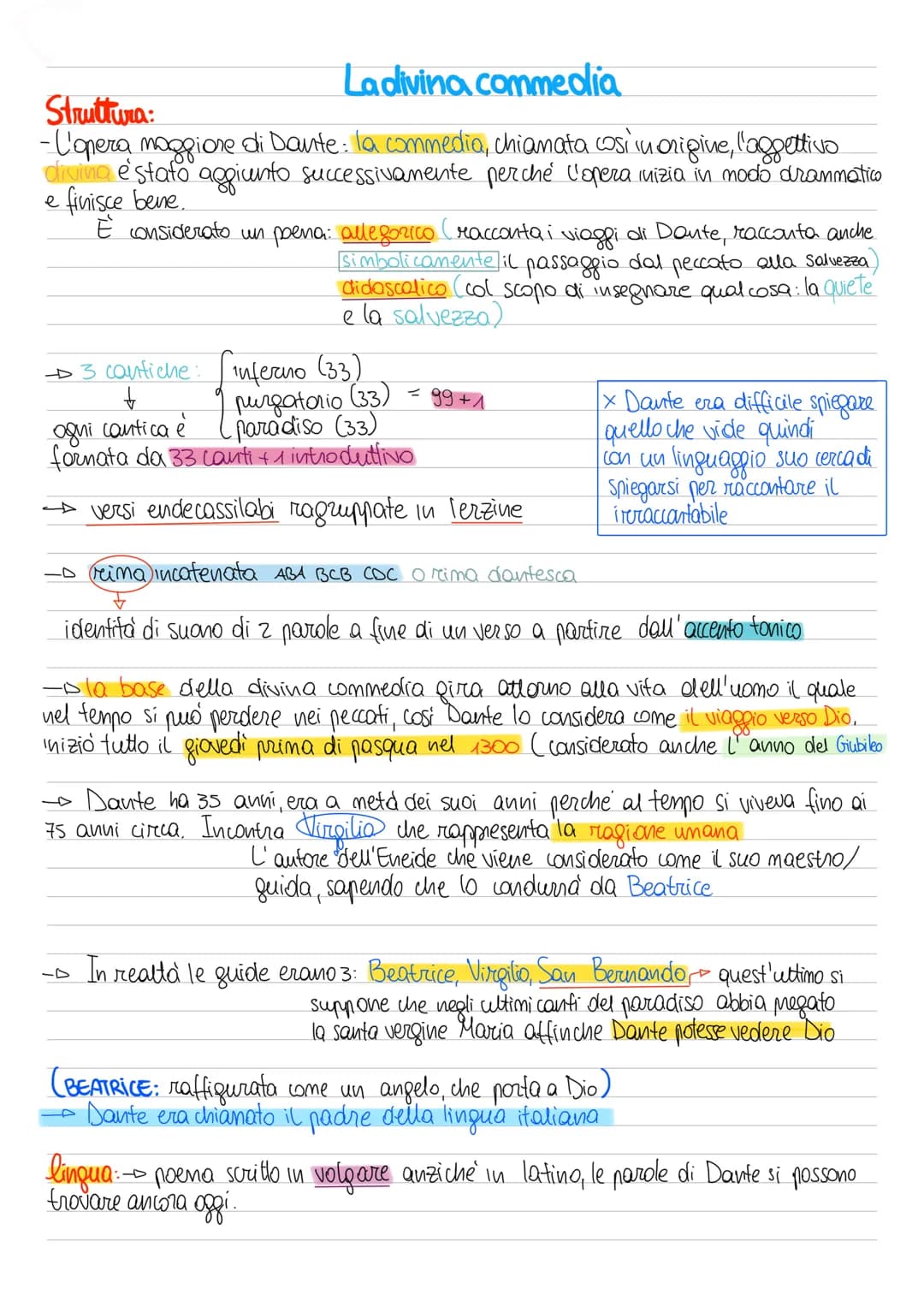 
<h2 id="struttura">Struttura</h2>
<p>L'opera maggiore di Dante è la commedia, chiamata così in origine. L'aggettivo "divina" è stato aggiun