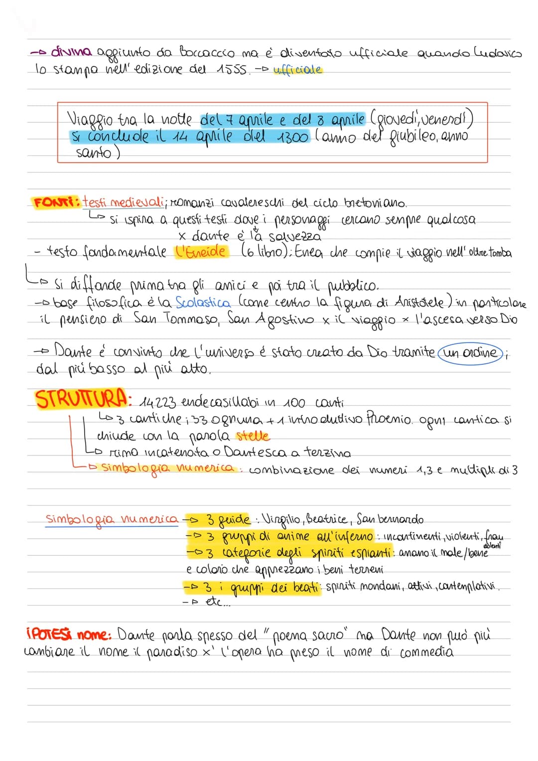 
<h2 id="struttura">Struttura</h2>
<p>L'opera maggiore di Dante è la commedia, chiamata così in origine. L'aggettivo "divina" è stato aggiun