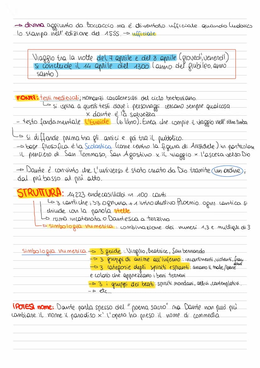 
<h2 id="struttura">Struttura</h2>
<p>L'opera maggiore di Dante è la commedia, chiamata così in origine. L'aggettivo "divina" è stato aggiun