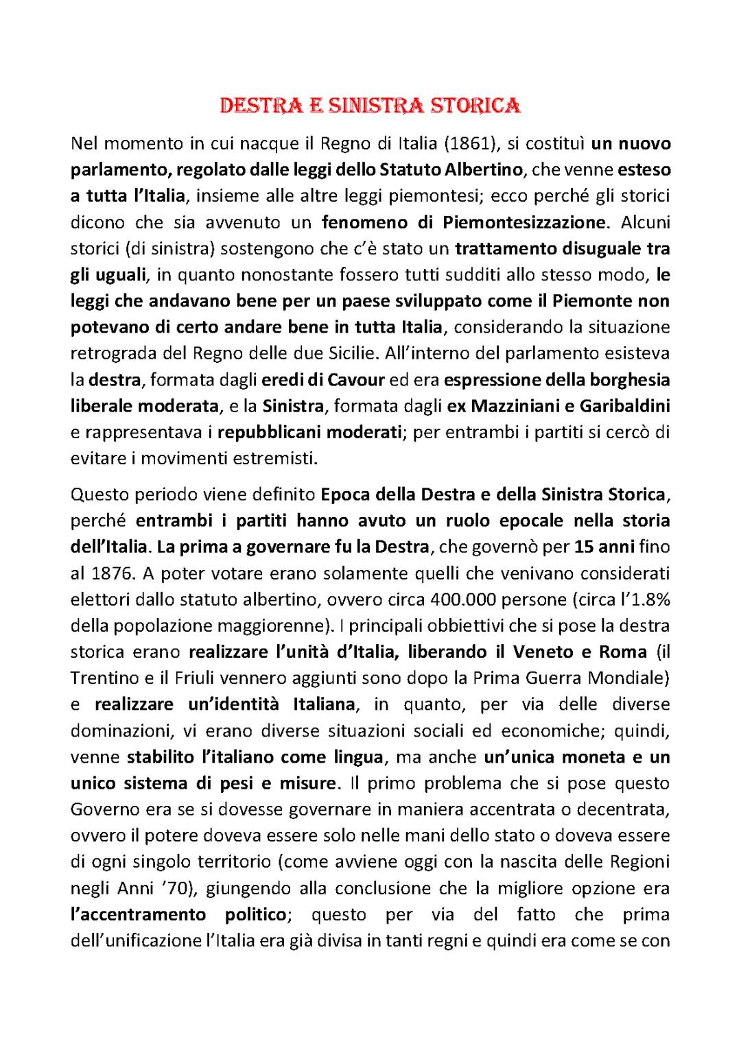 Destra e Sinistra Storica per Scuola Media - Riassunti, Schemi, PDF e PPT Zanichelli