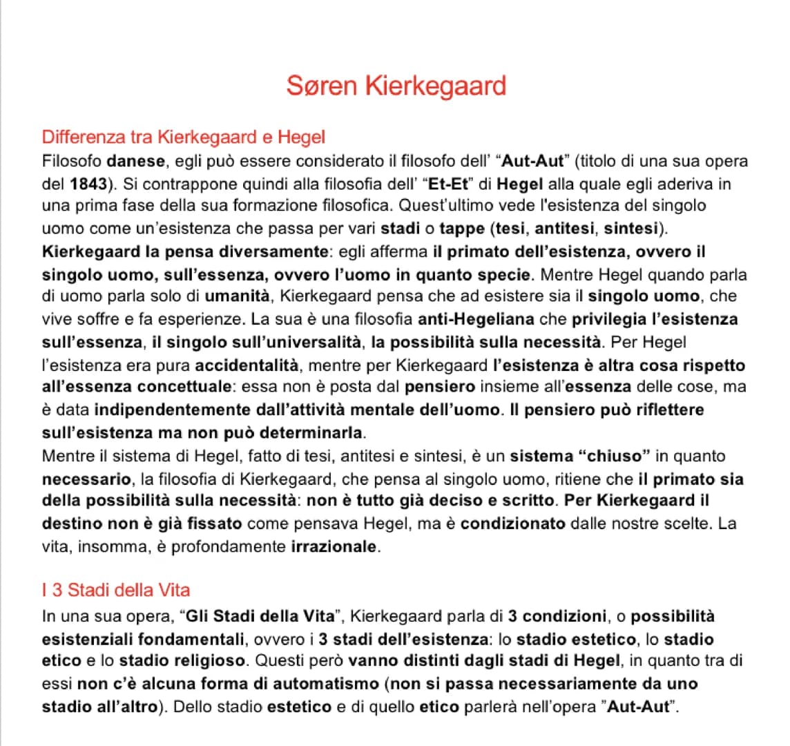 Søren Kierkegaard
Differenza tra Kierkegaard e Hegel
Filosofo danese, egli può essere considerato il filosofo dell' "Aut-Aut" (titolo di una