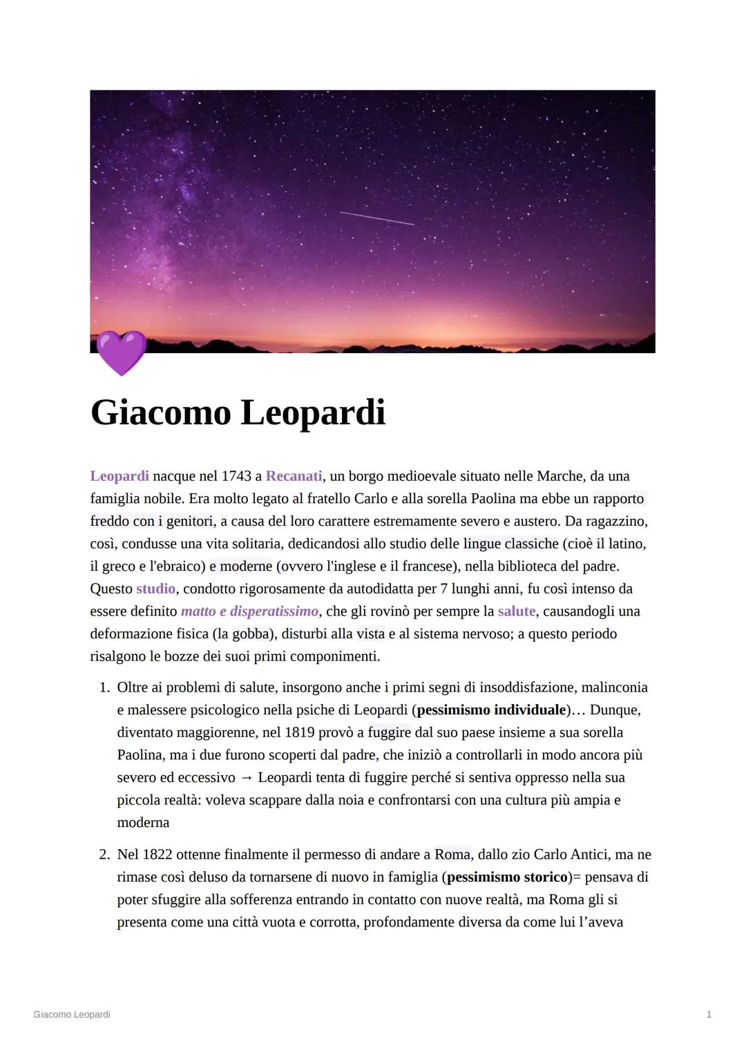 # Giacomo Leopardi

Leopardi nacque nel 1743 a Recanati, un borgo medioevale situato nelle Marche, da una
famiglia nobile. Era molto legato 