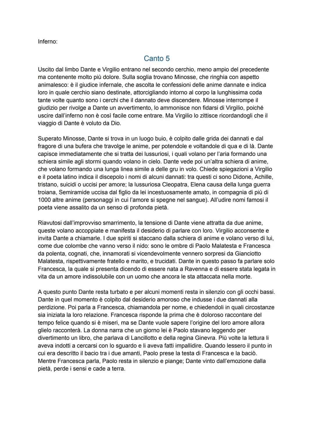 Inferno:
Canto 5
Uscito dal limbo Dante e Virgilio entrano nel secondo cerchio, meno ampio del precedente
ma contenente molto più dolore. Su