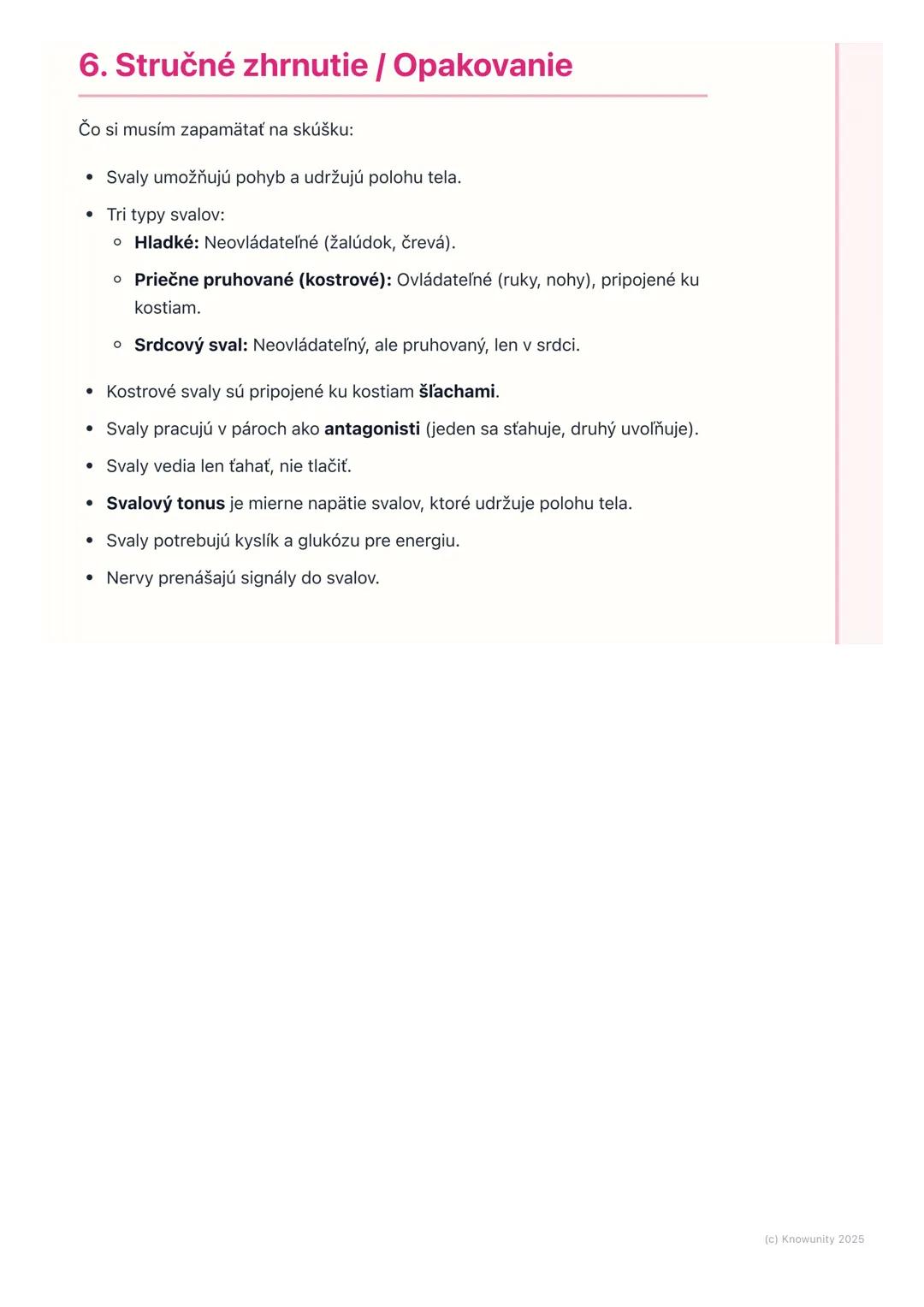 # Svaly a ich činnosť

1. Prehľad / Úvod

Svaly sú super dôležitá časť nášho tela. Spolu s kosťami tvoria opornú a
pohybovú sústavu, ktorá n