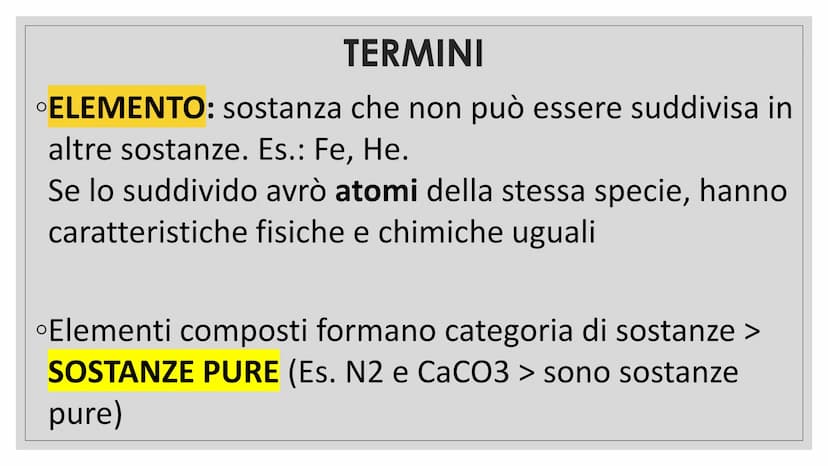 CHIMICA TERMINI
➤MOLECOLA: insieme di atomi legati tra loro
chimicamente
PARTICELLA: può essere atomo o molecola TERMINI
SOSTANZA PURA: form