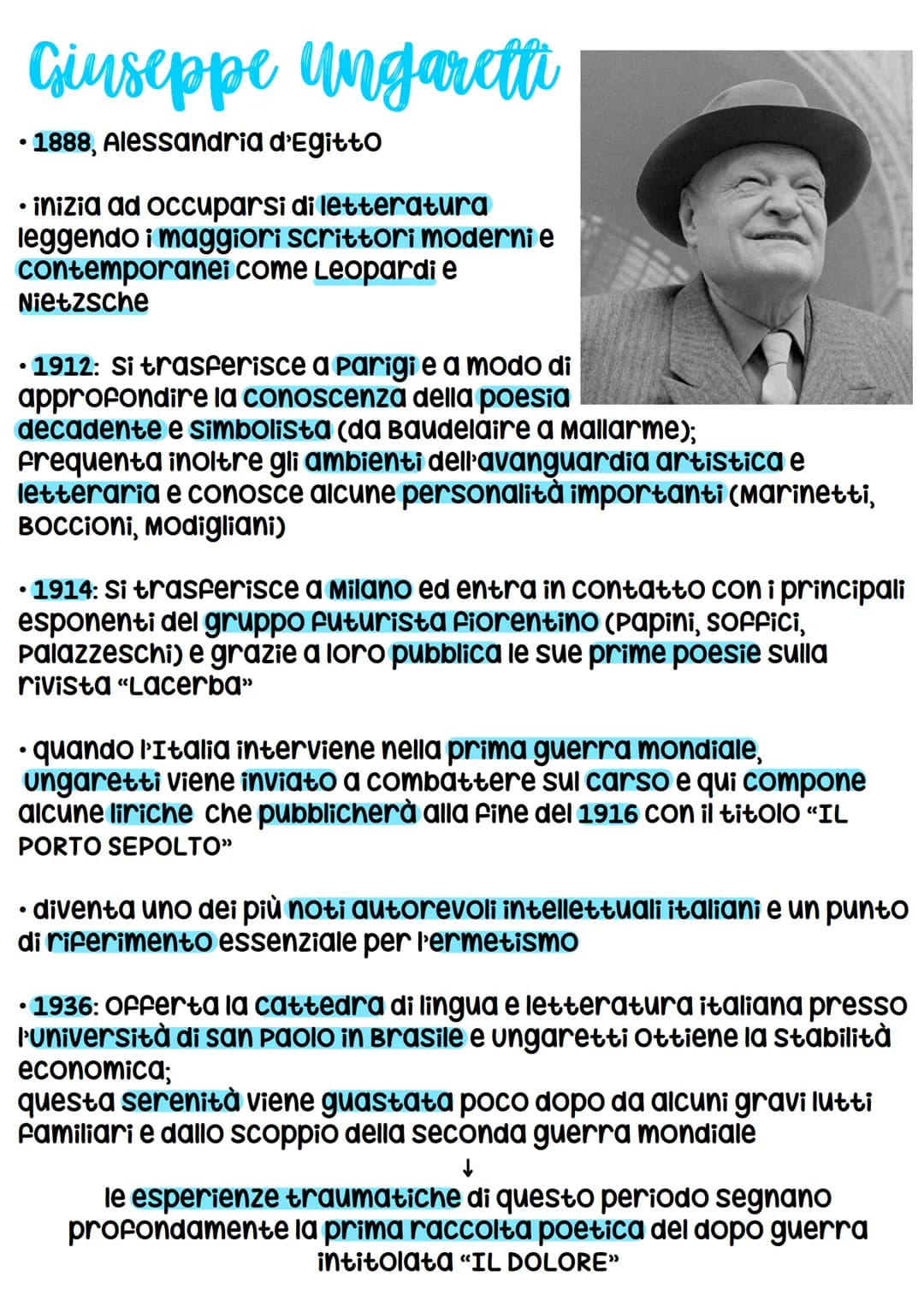 Giuseppe Ungaretti
• 1888, Alessandria d'Egitto
●
• inizia ad occuparsi di letteratura
leggendo i maggiori scrittori moderni e
contemporanei